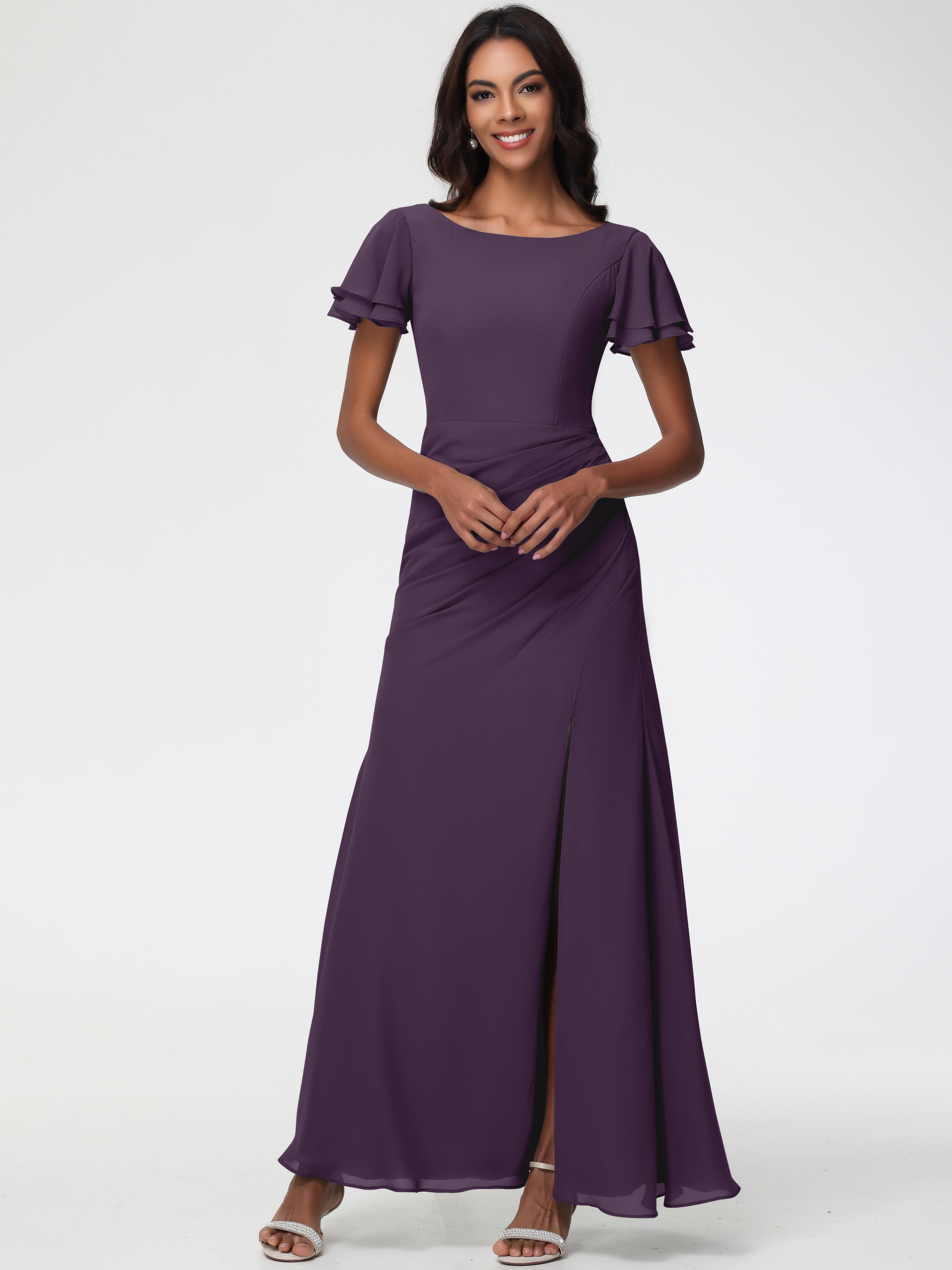 Robe de Demoiselle D'honneur en Plum Col Rond Manches à Volants Fourreau/Colonne Mousseline Robe Demoiselle d'Honneur
