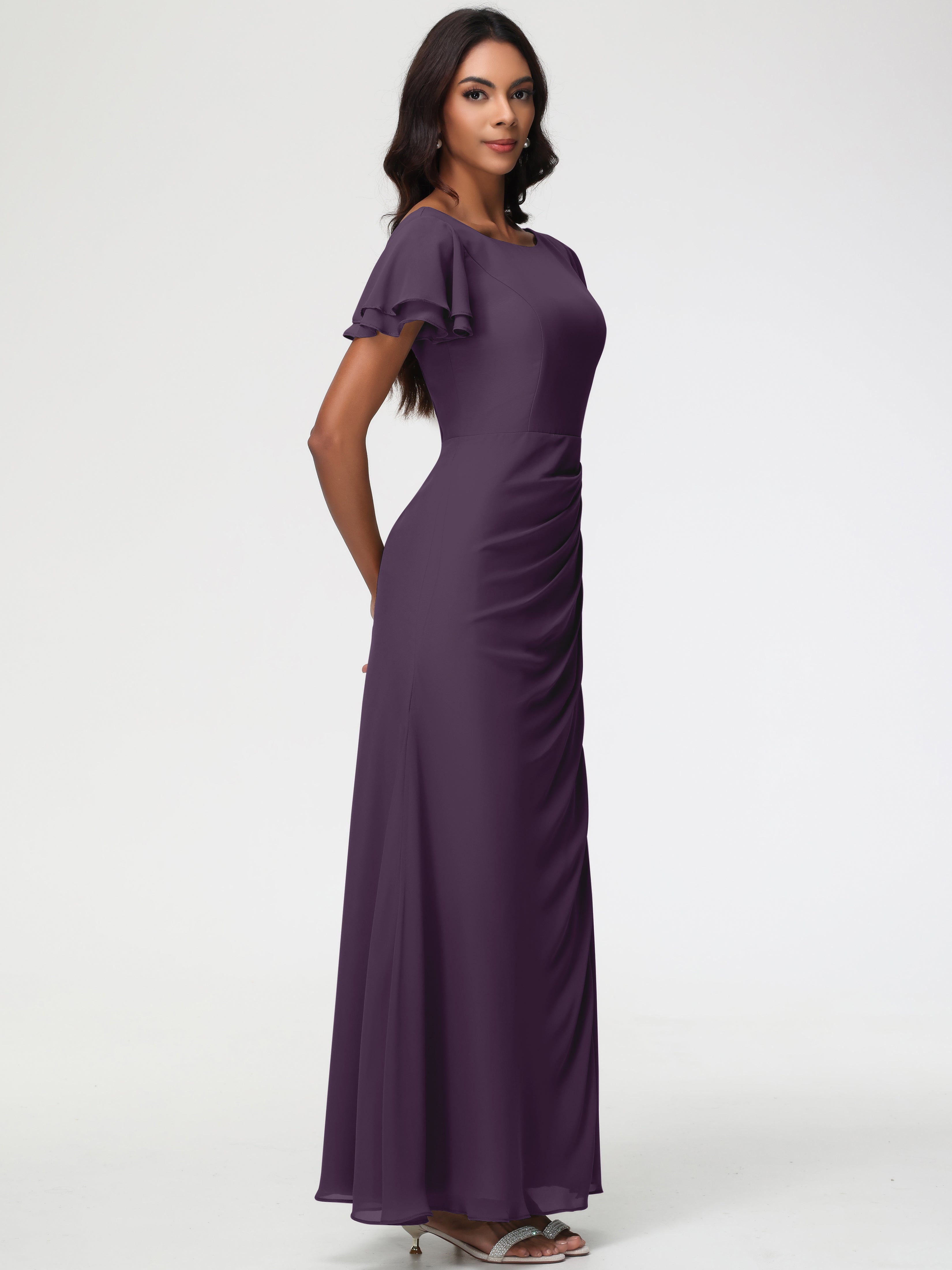 Robe de Demoiselle D'honneur en Plum Col Rond Manches à Volants Fourreau/Colonne Mousseline Robe Demoiselle d'Honneur