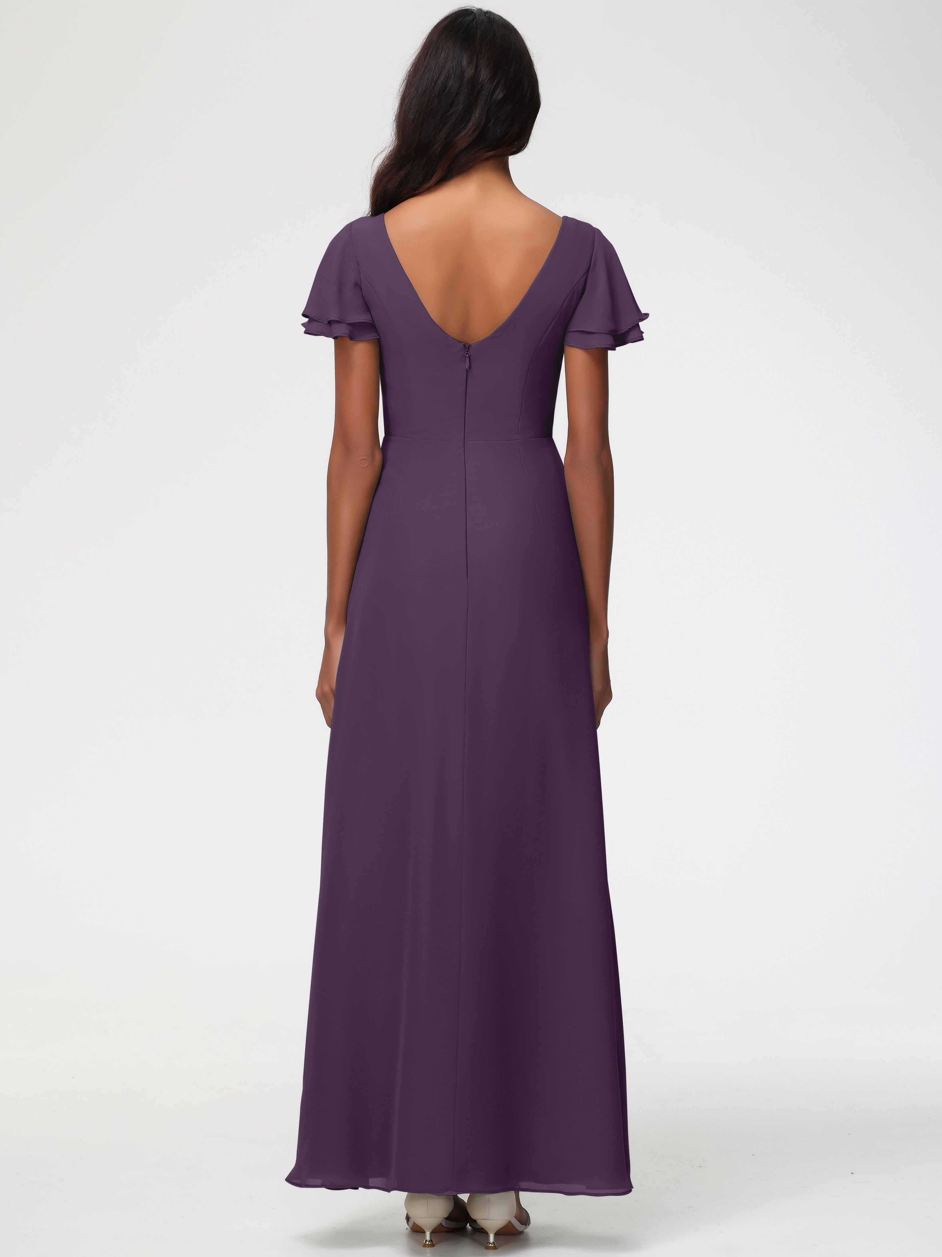 Robe de Demoiselle D'honneur en Plum Col Rond Manches à Volants Fourreau/Colonne Mousseline Robe Demoiselle d'Honneur