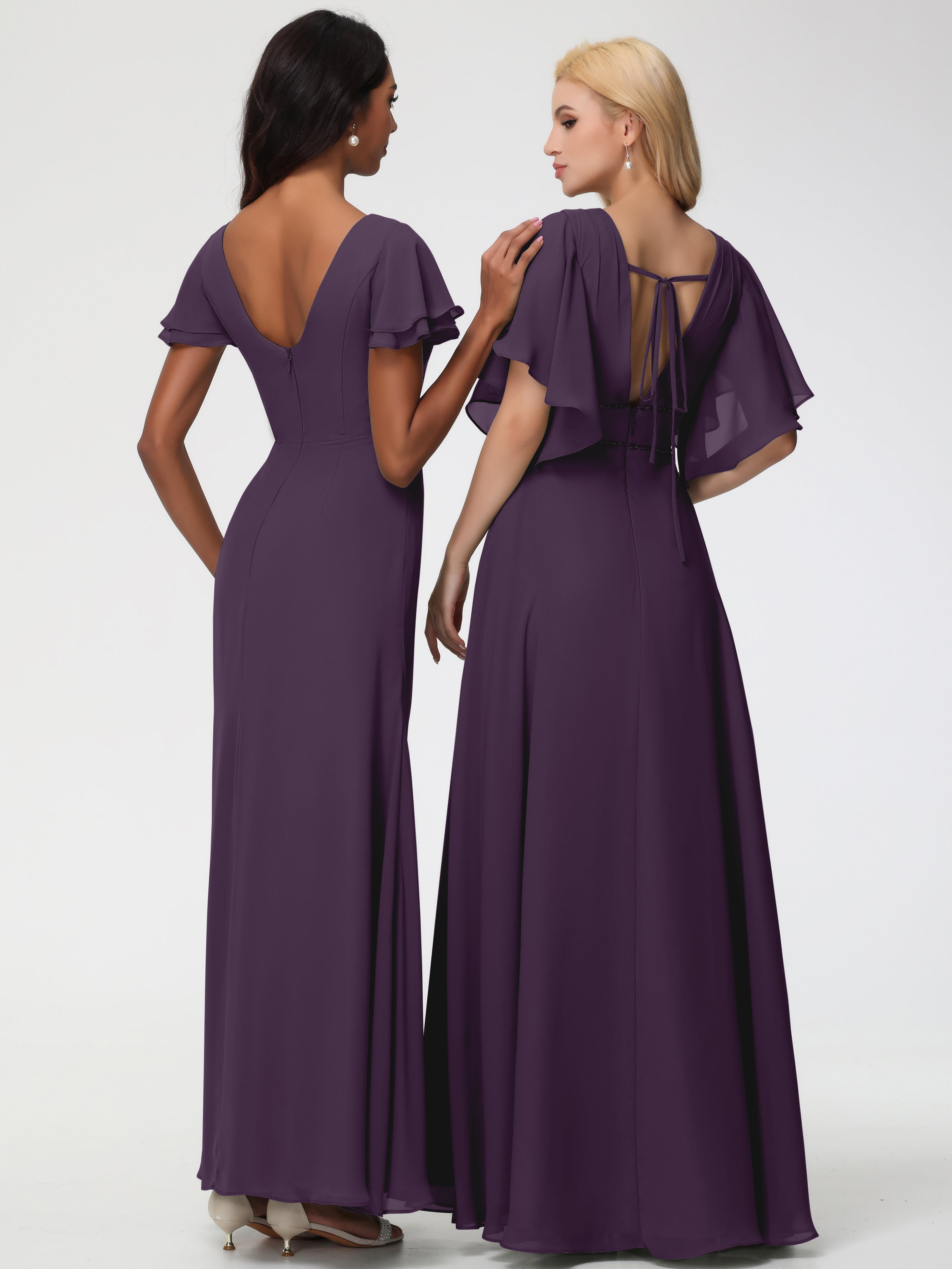Robe de Demoiselle D'honneur en Plum Col Rond Manches à Volants Fourreau/Colonne Mousseline Robe Demoiselle d'Honneur