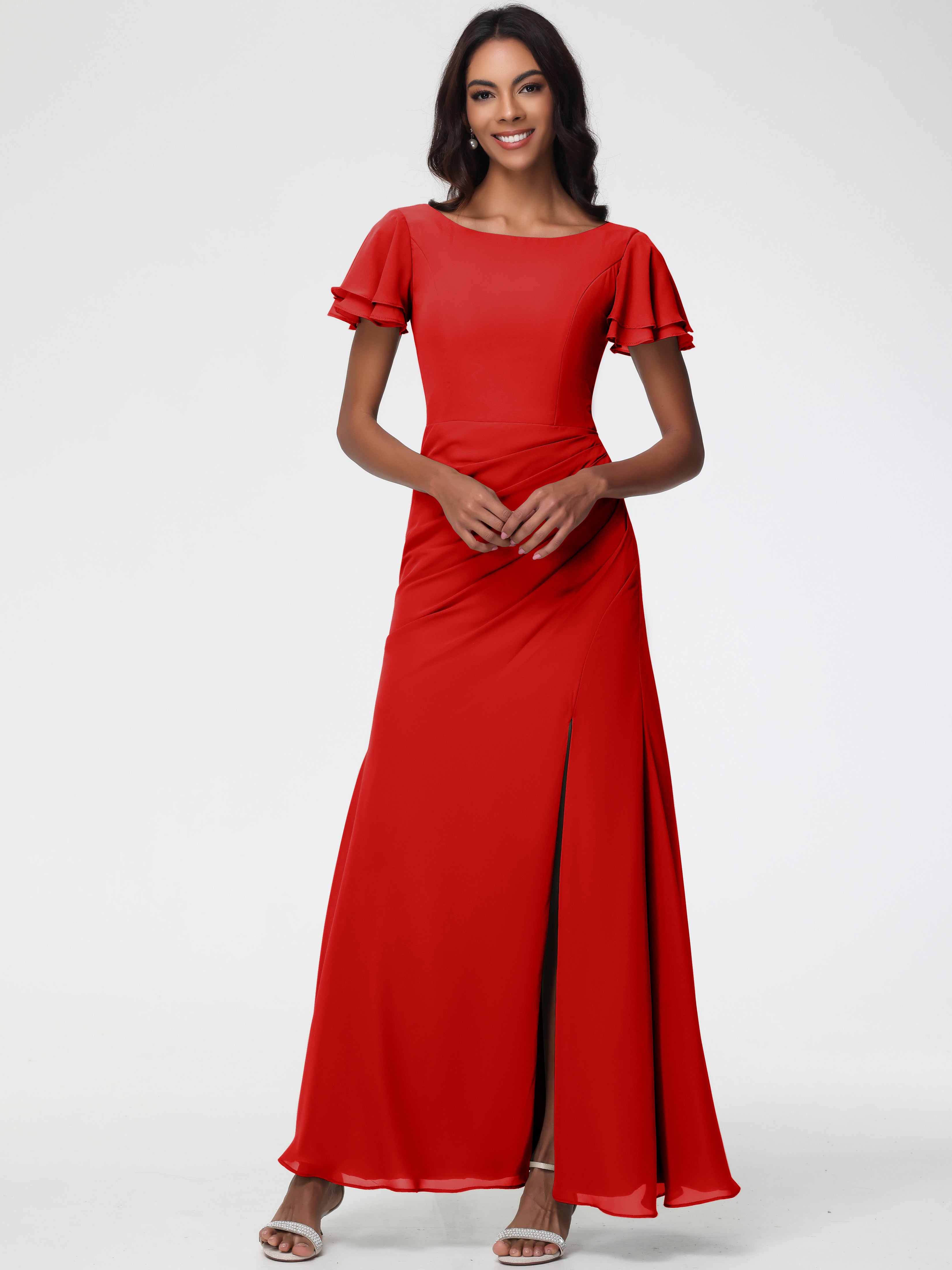 Robe Rouge Demoiselle D Honneur Col Rond Manches à Volants Fourreau/Colonne Mousseline Robe Demoiselle d'Honneur