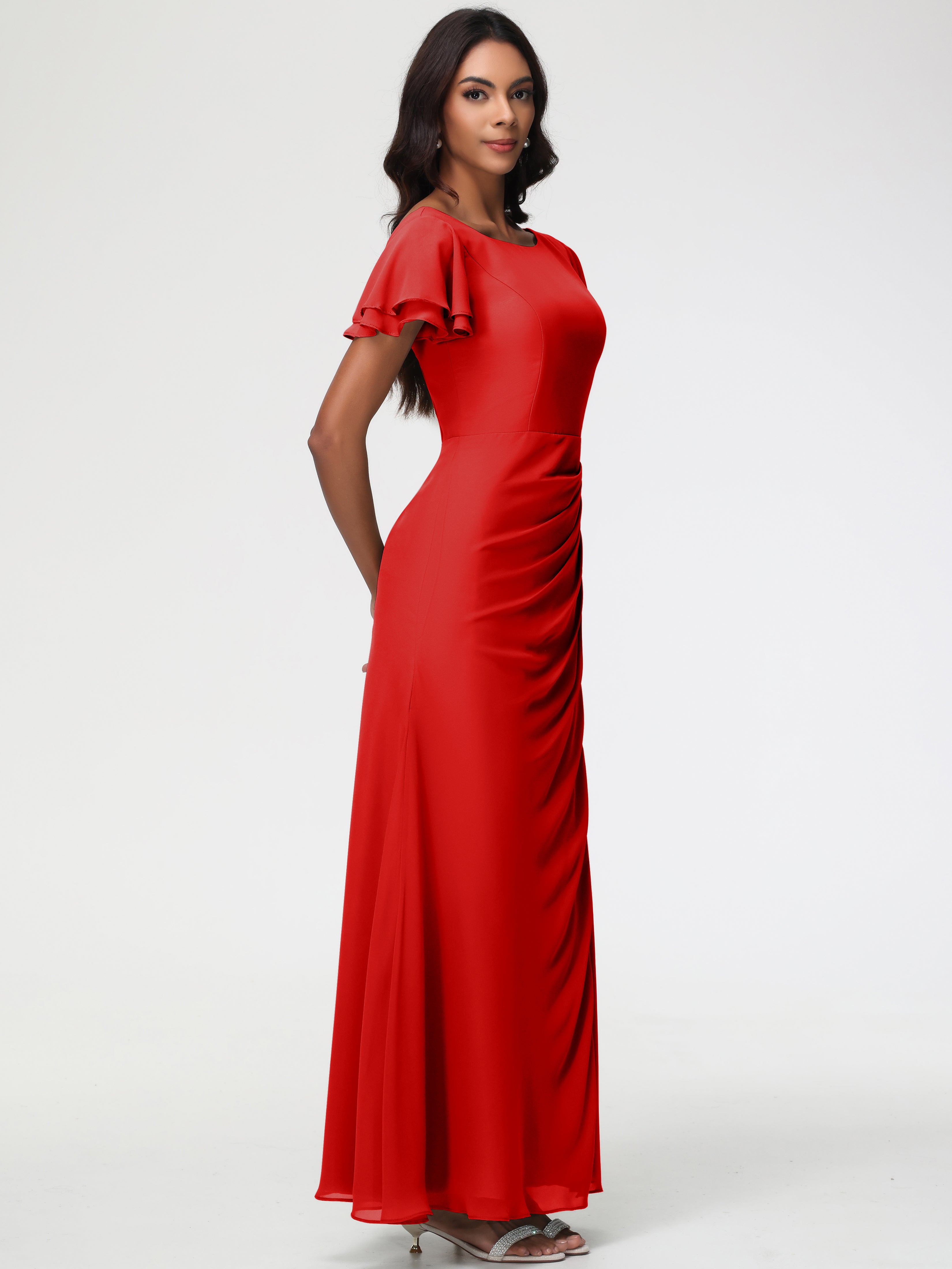 Robe Rouge Demoiselle D Honneur Col Rond Manches à Volants Fourreau/Colonne Mousseline Robe Demoiselle d'Honneur