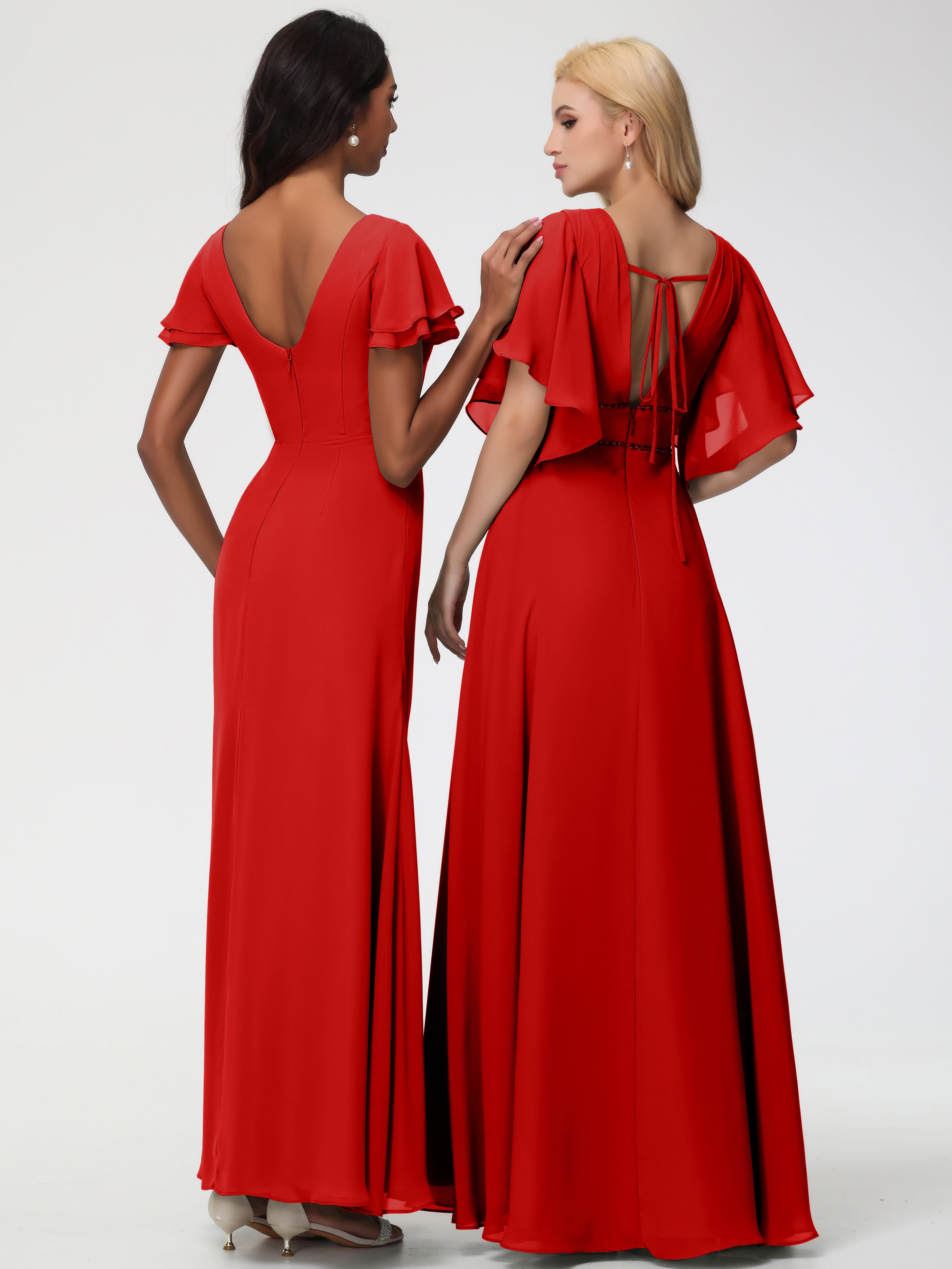 Robe Rouge Demoiselle D Honneur Col Rond Manches à Volants Fourreau/Colonne Mousseline Robe Demoiselle d'Honneur