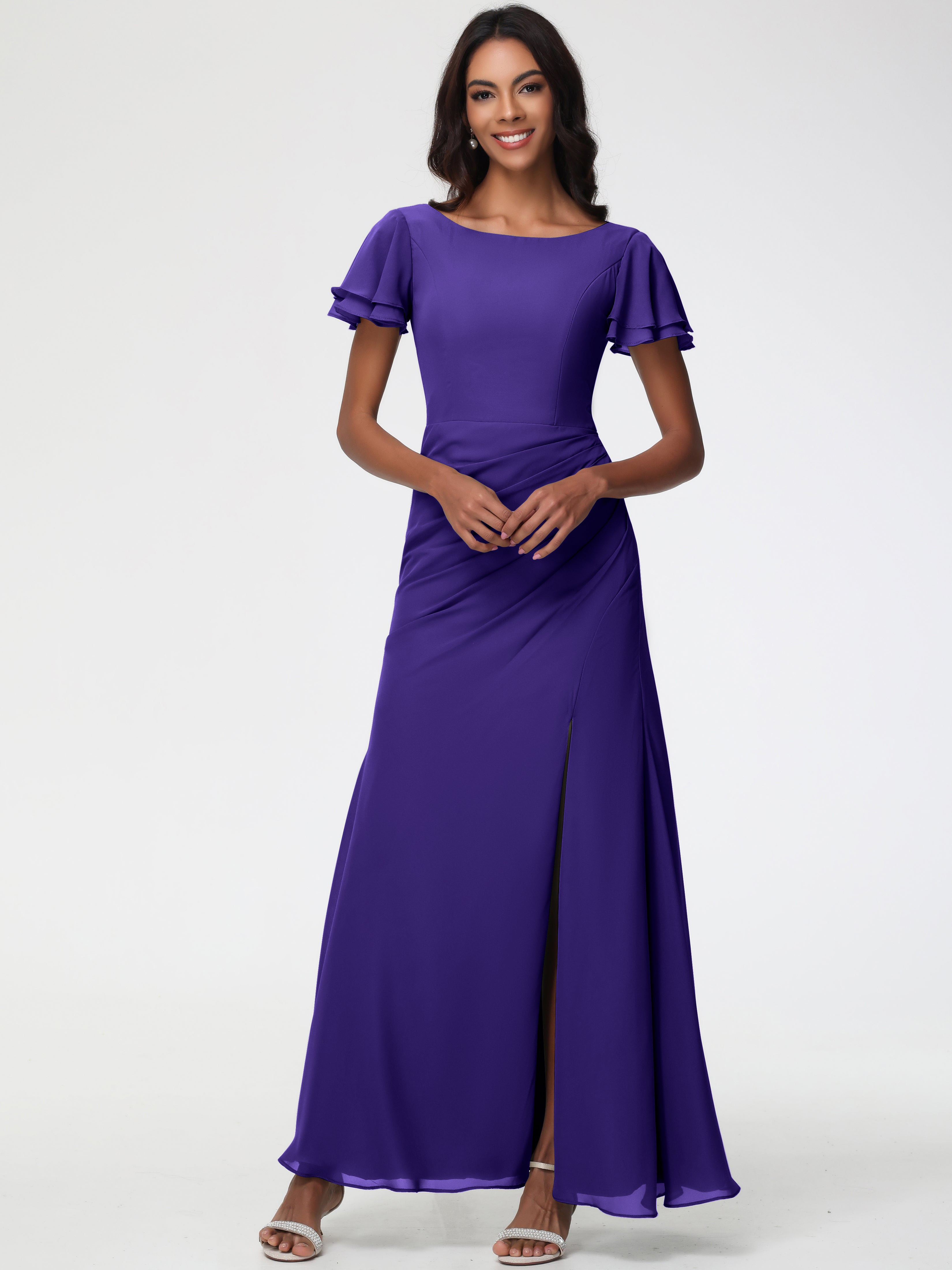 Robes de Demoiselle D'honneur en Régence Col Rond Manches à Volants Fourreau/Colonne Mousseline Robe Demoiselle d'Honneur