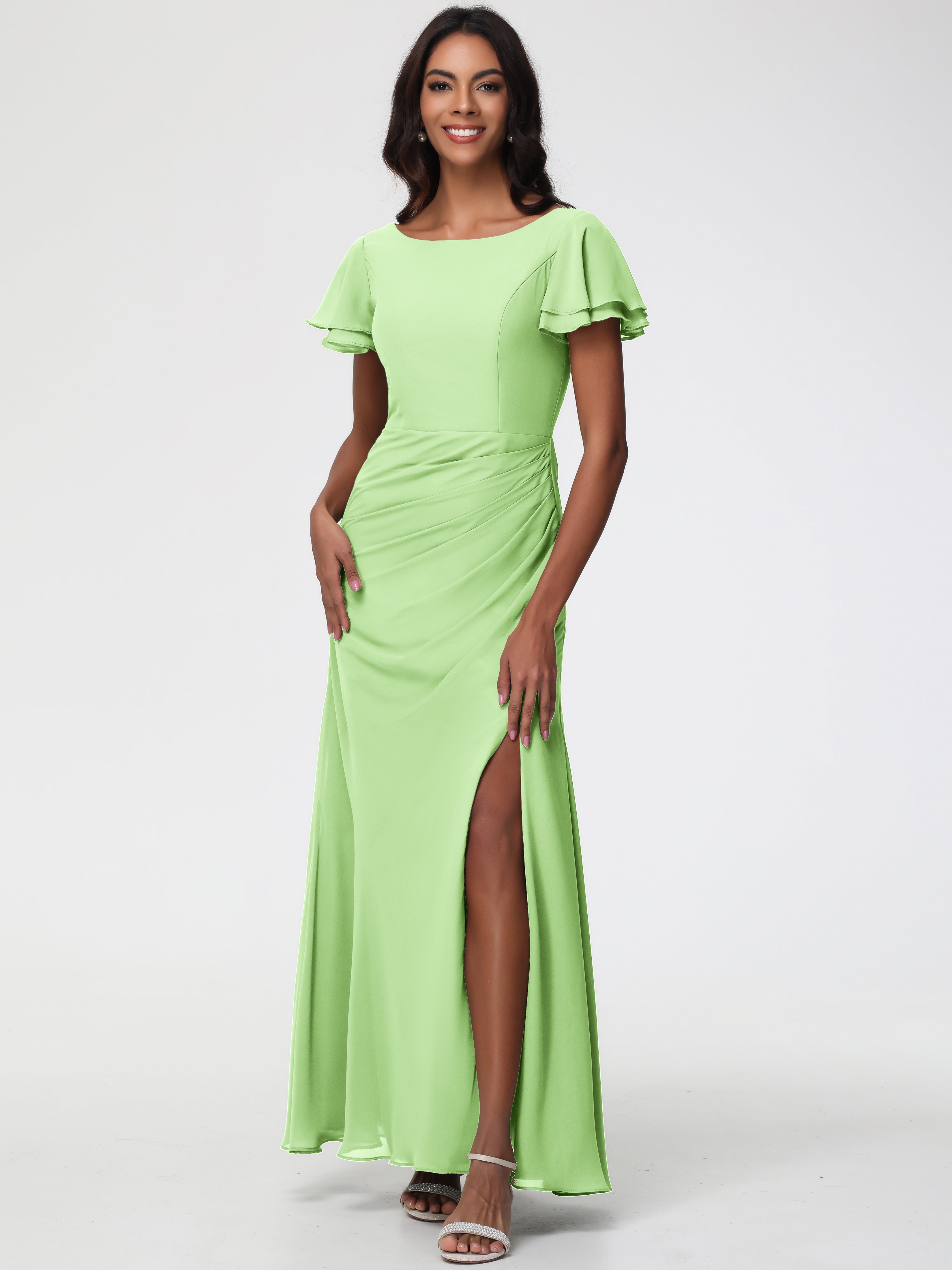 Robe Vert Sauge Demoiselle D Honneur Col Rond Manches à Volants Fourreau/Colonne Mousseline Robe Demoiselle d'Honneur