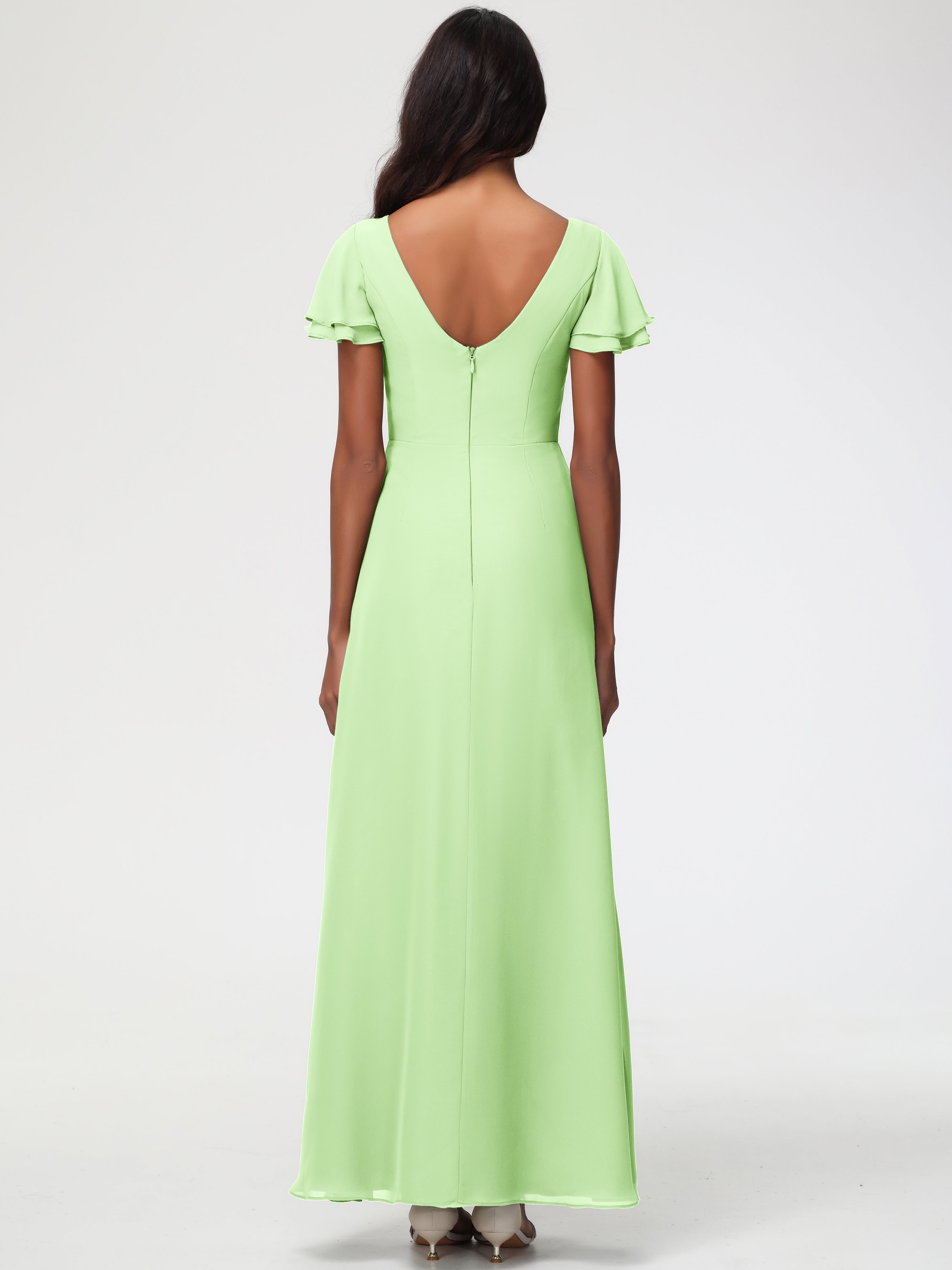 Robe Vert Sauge Demoiselle D Honneur Col Rond Manches à Volants Fourreau/Colonne Mousseline Robe Demoiselle d'Honneur