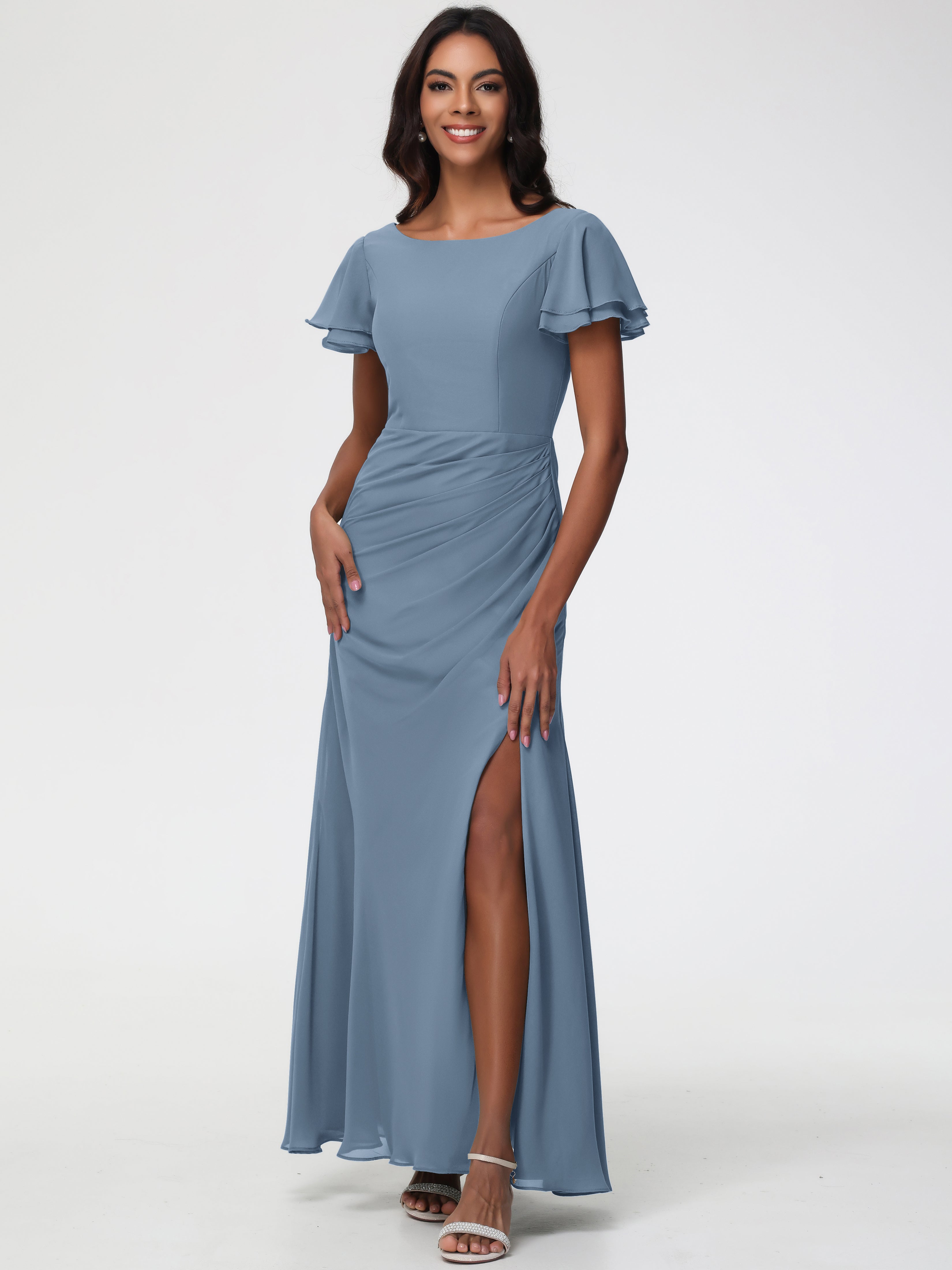 Robes de Demoiselle D'honneur Bleu de Schiste Col Rond Manches à Volants Fourreau/Colonne Mousseline Robe Demoiselle d'Honneur