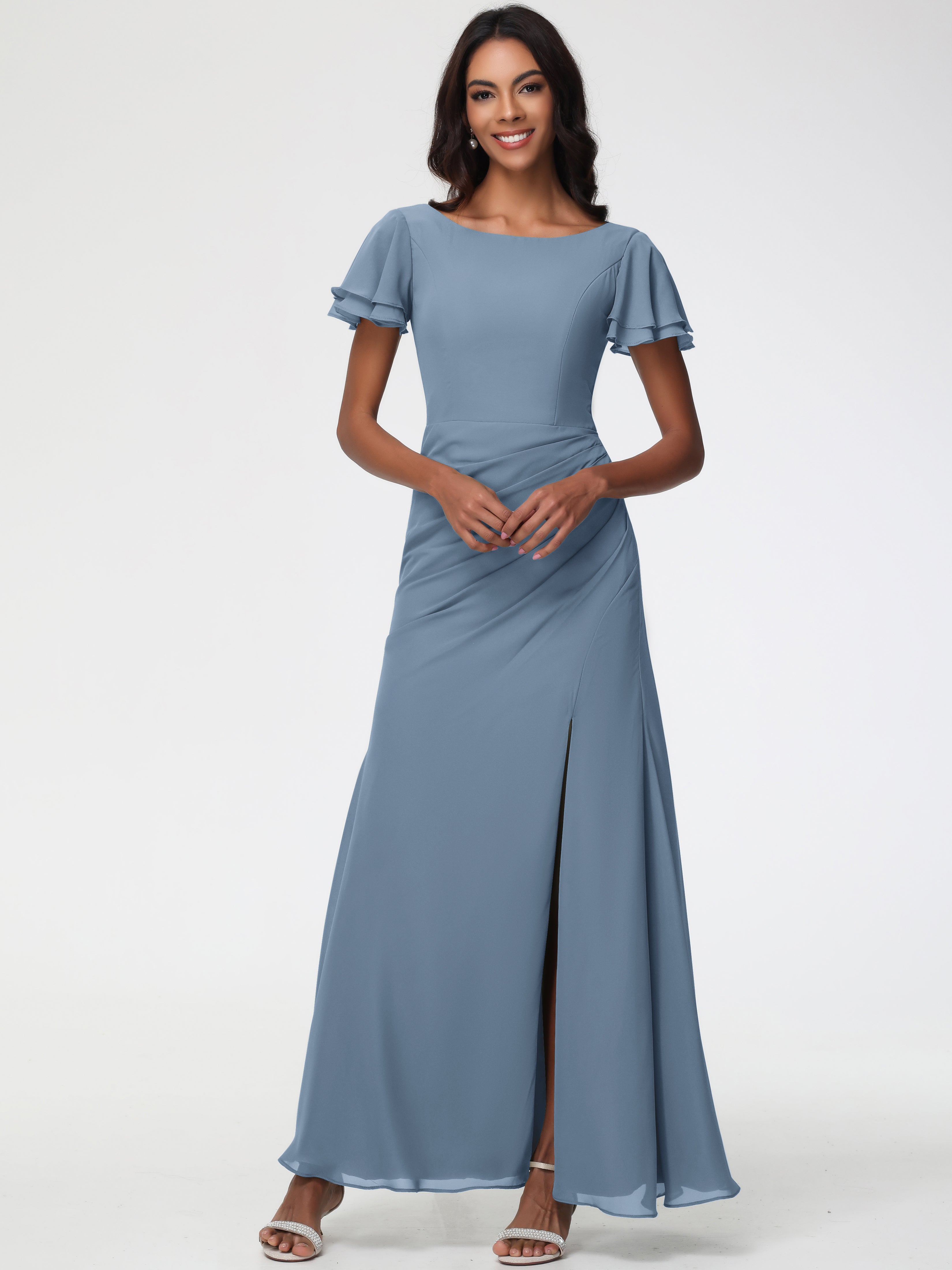 Robes de Demoiselle D'honneur Bleu de Schiste Col Rond Manches à Volants Fourreau/Colonne Mousseline Robe Demoiselle d'Honneur
