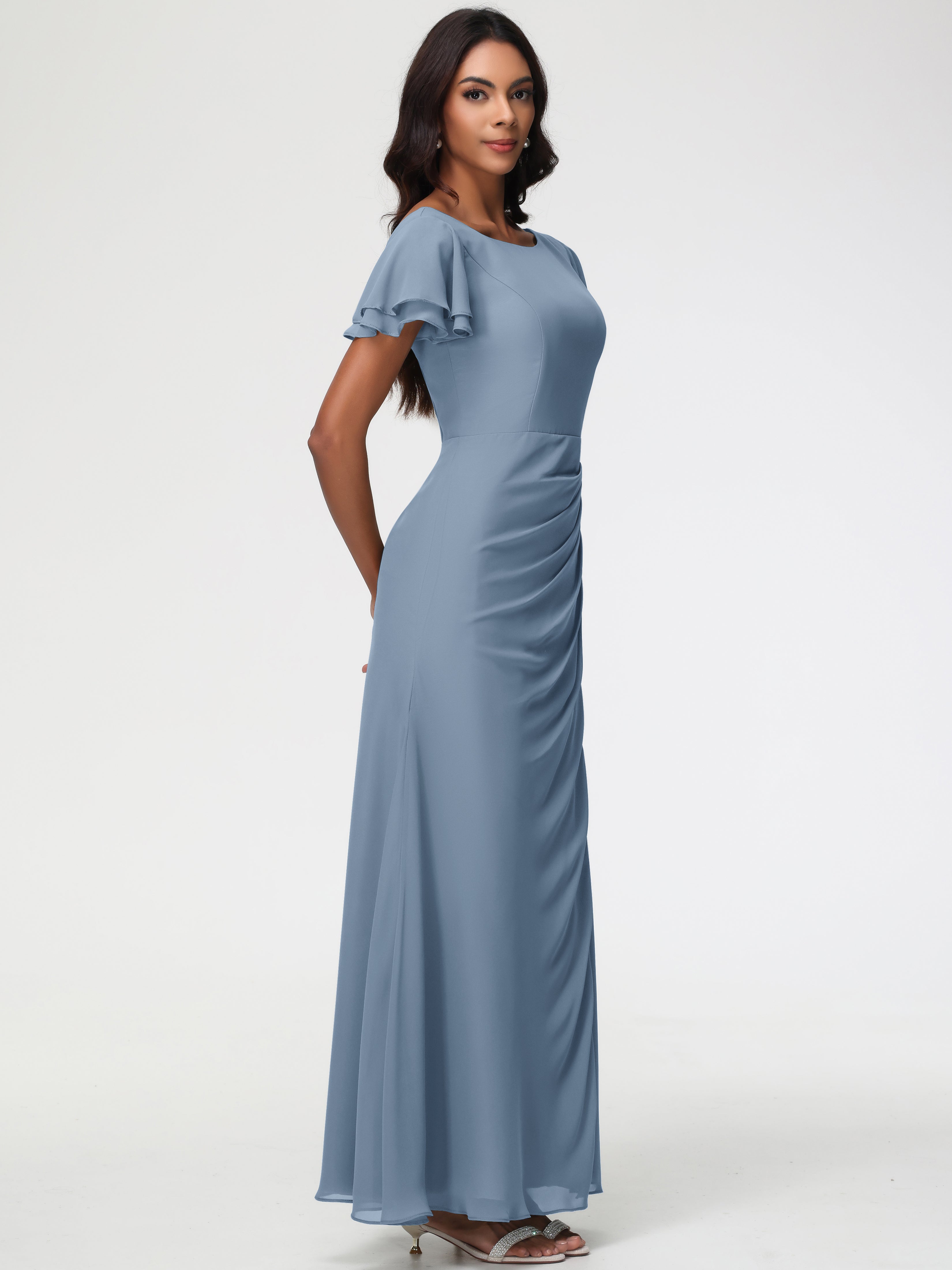 Robes de Demoiselle D'honneur Bleu de Schiste Col Rond Manches à Volants Fourreau/Colonne Mousseline Robe Demoiselle d'Honneur