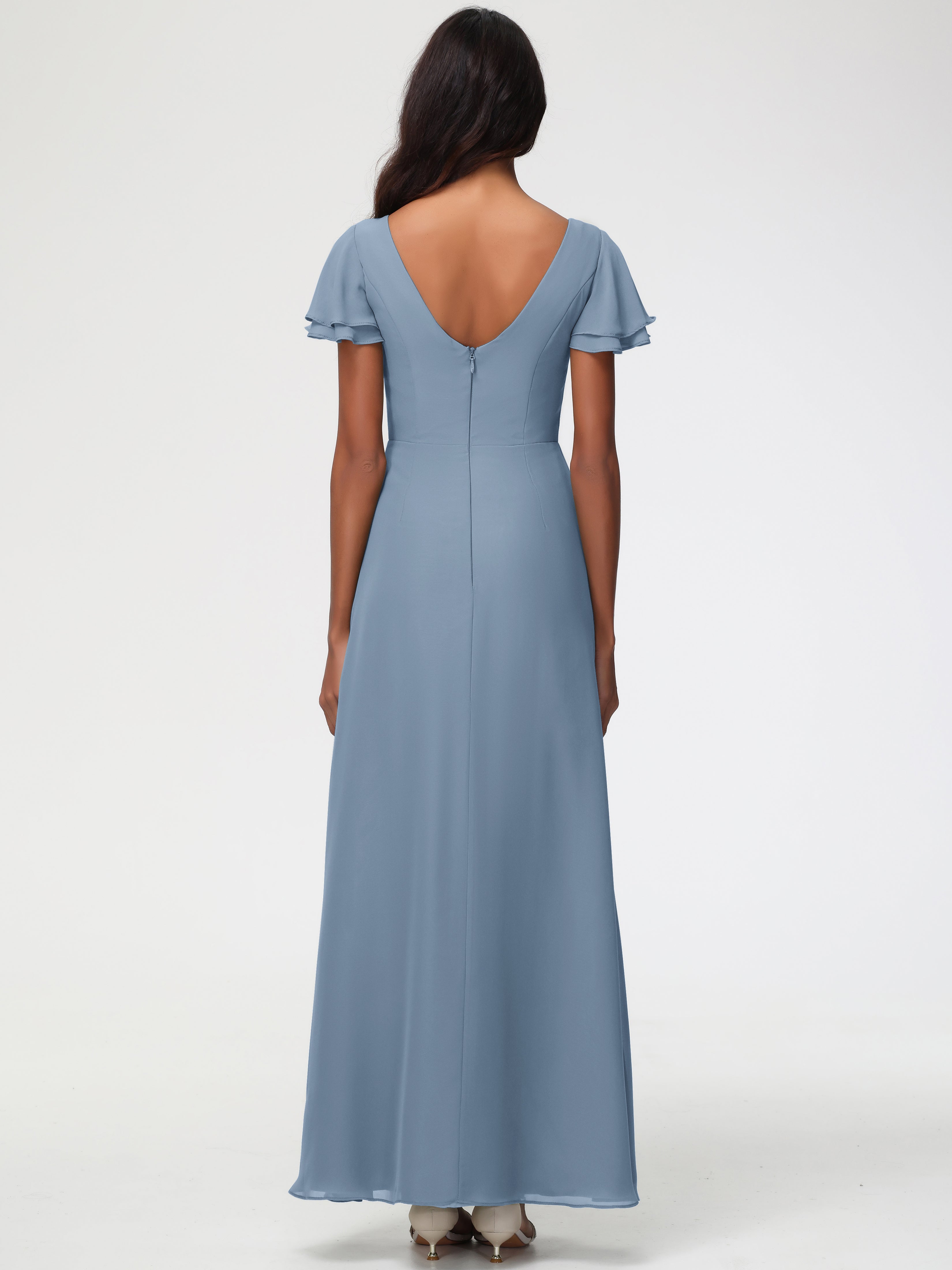 Robes de Demoiselle D'honneur Bleu de Schiste Col Rond Manches à Volants Fourreau/Colonne Mousseline Robe Demoiselle d'Honneur