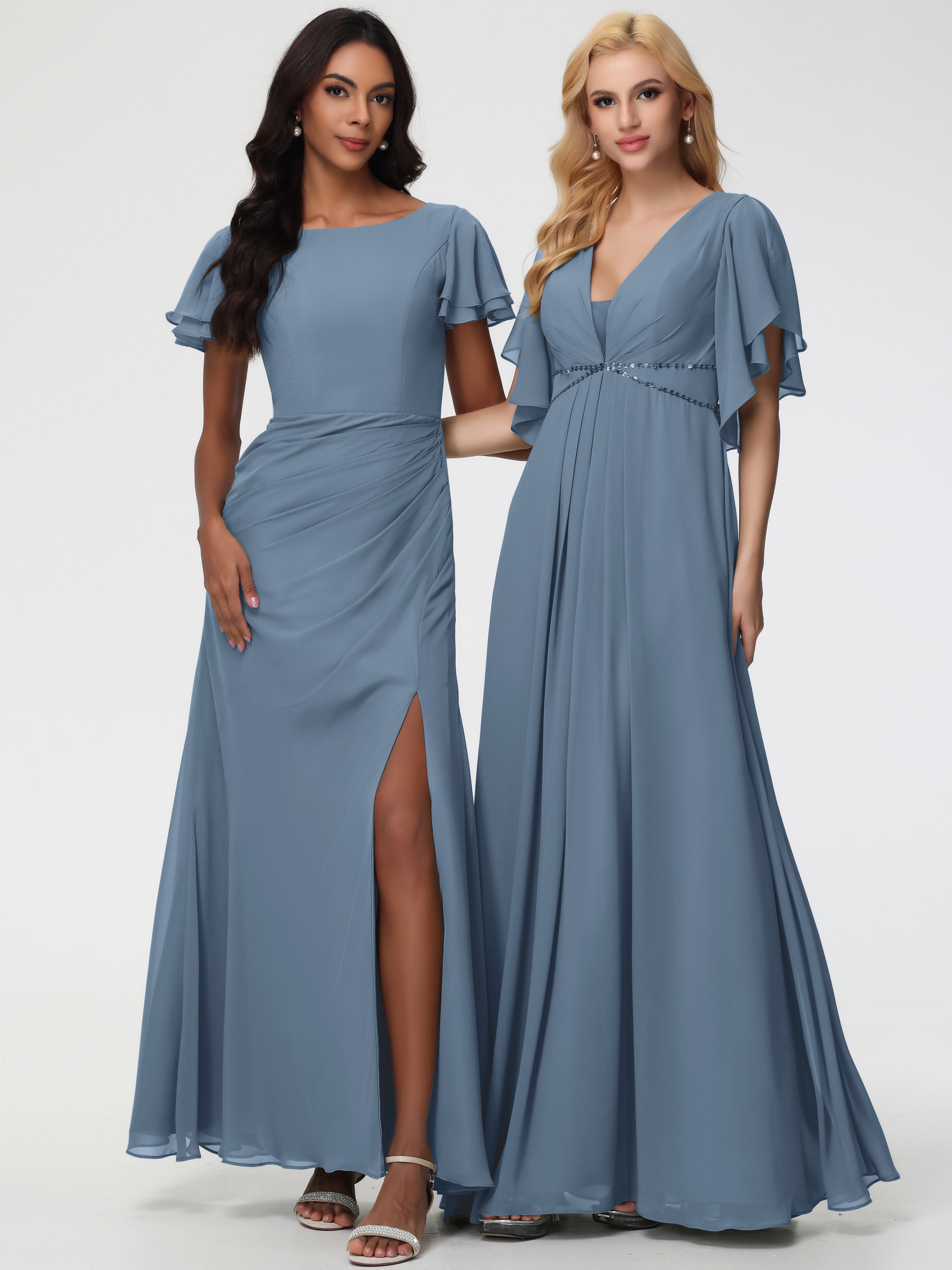 Robes de Demoiselle D'honneur Bleu de Schiste Col Rond Manches à Volants Fourreau/Colonne Mousseline Robe Demoiselle d'Honneur
