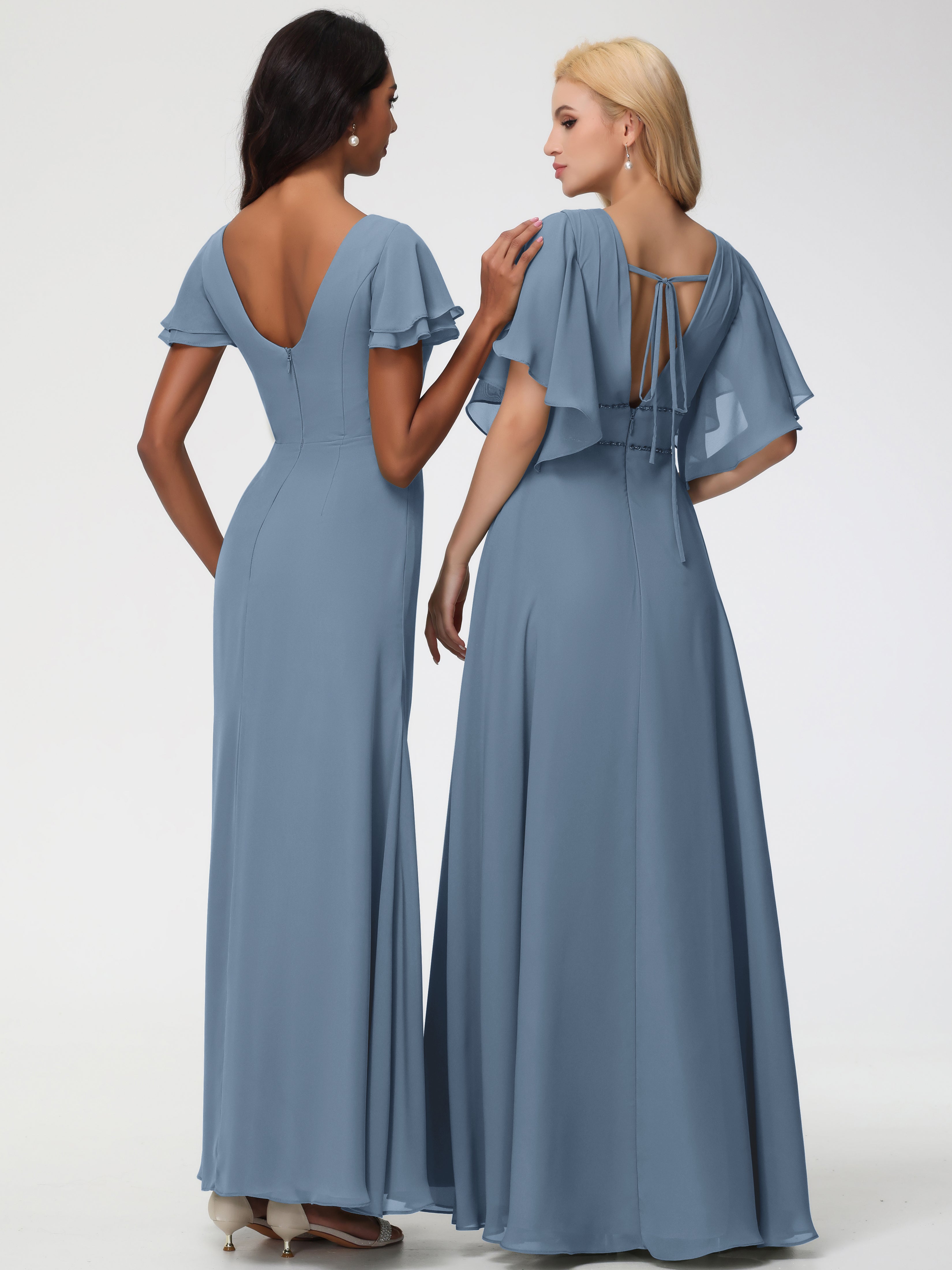 Robes de Demoiselle D'honneur Bleu de Schiste Col Rond Manches à Volants Fourreau/Colonne Mousseline Robe Demoiselle d'Honneur