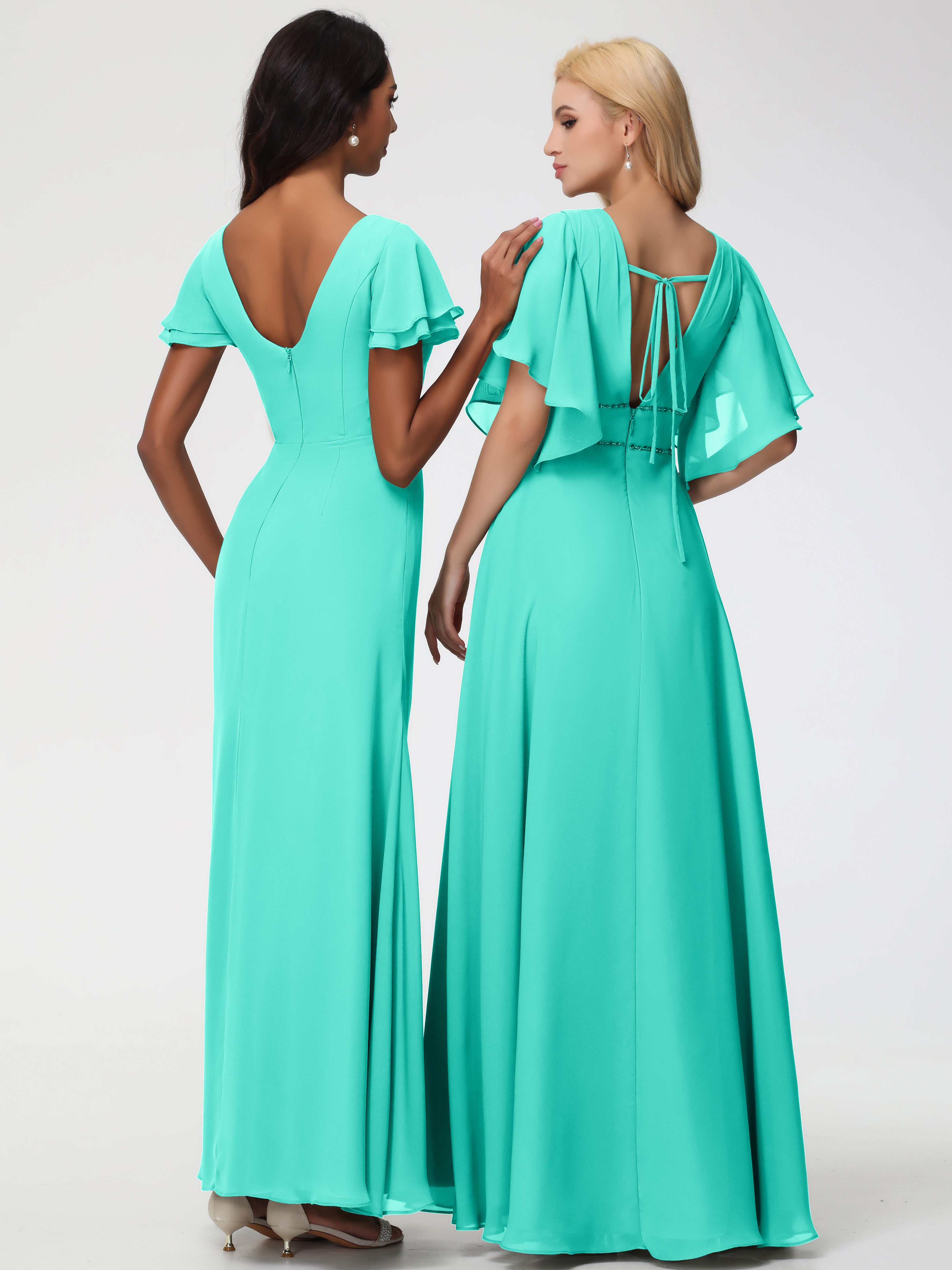 Robes de Demoiselle D'honneur Spa Col Rond Manches à Volants Fourreau/Colonne Mousseline Robe Demoiselle d'Honneur