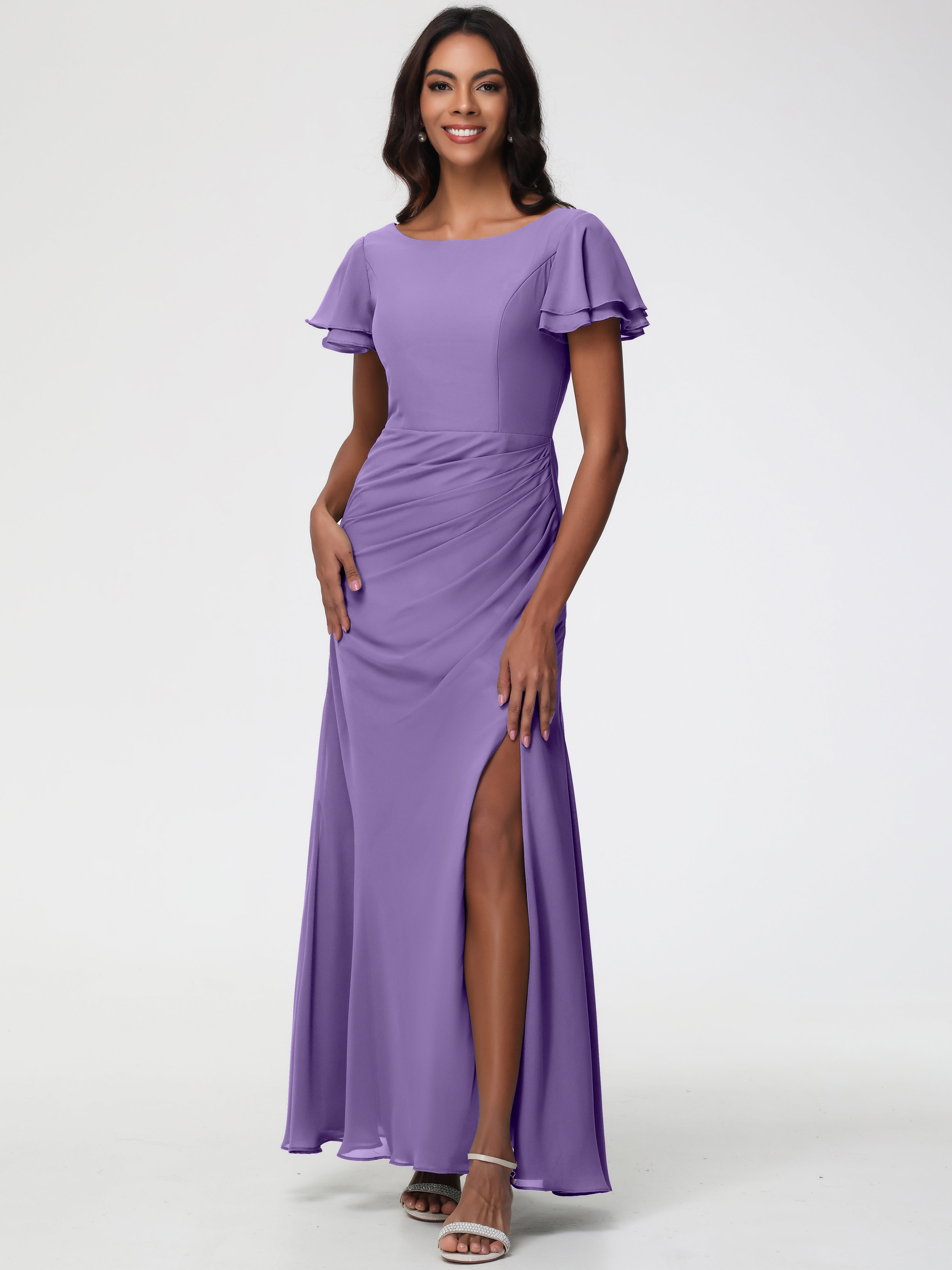 Robes de Demoiselle D'honneur Tahiti Col Rond Manches à Volants Fourreau/Colonne Mousseline Robe Demoiselle d'Honneur