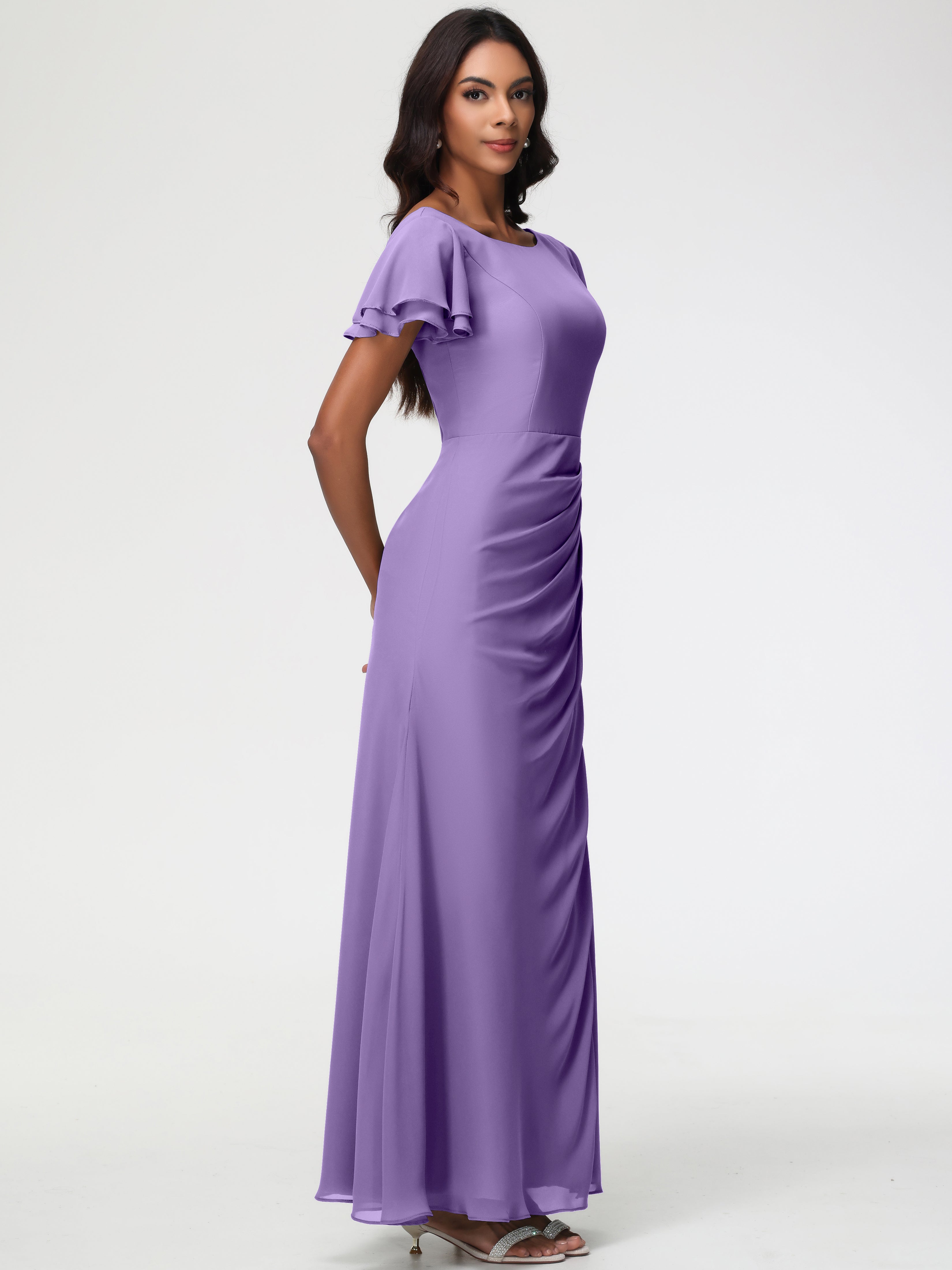 Robes de Demoiselle D'honneur Tahiti Col Rond Manches à Volants Fourreau/Colonne Mousseline Robe Demoiselle d'Honneur