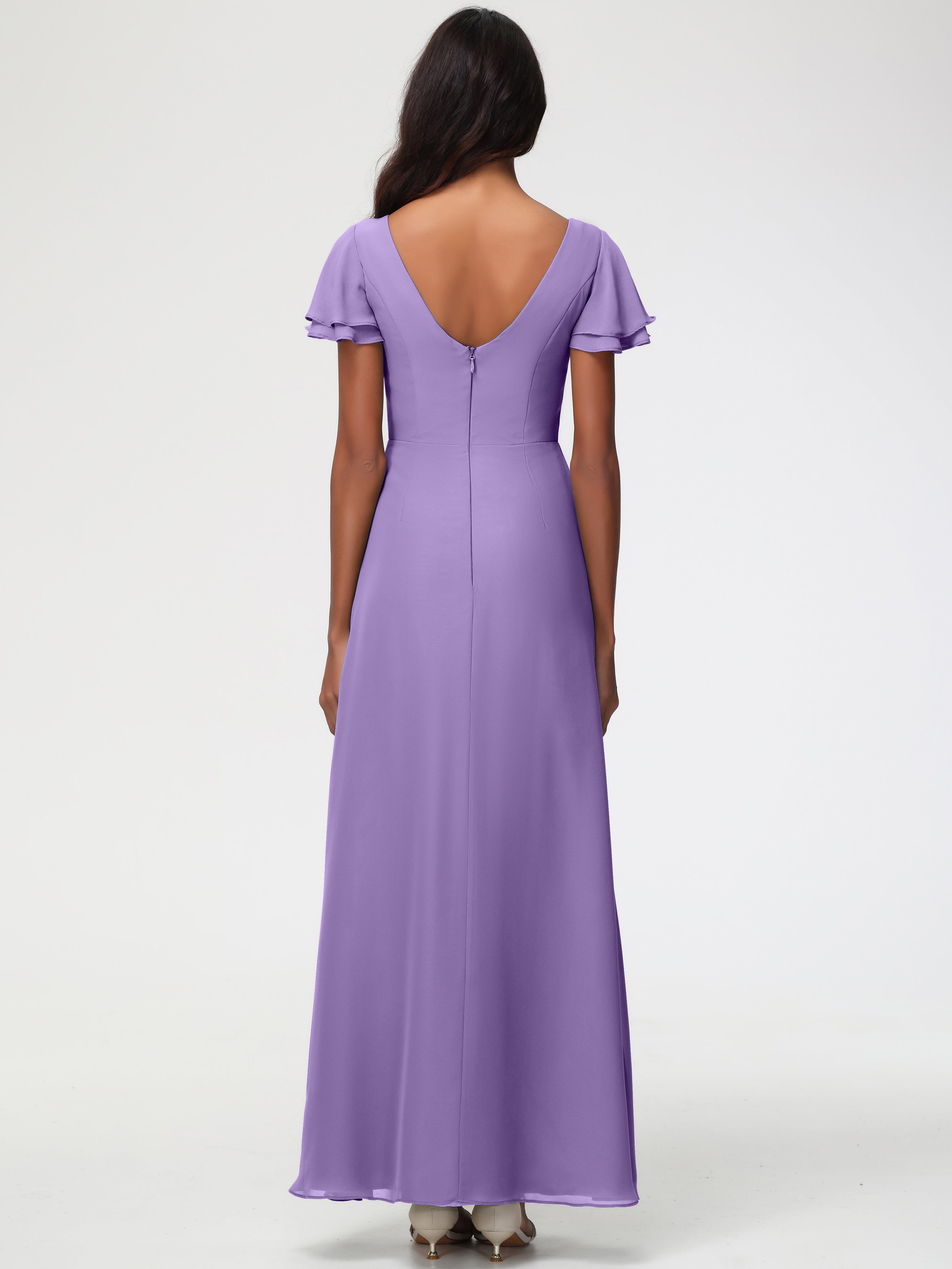 Robes de Demoiselle D'honneur Tahiti Col Rond Manches à Volants Fourreau/Colonne Mousseline Robe Demoiselle d'Honneur