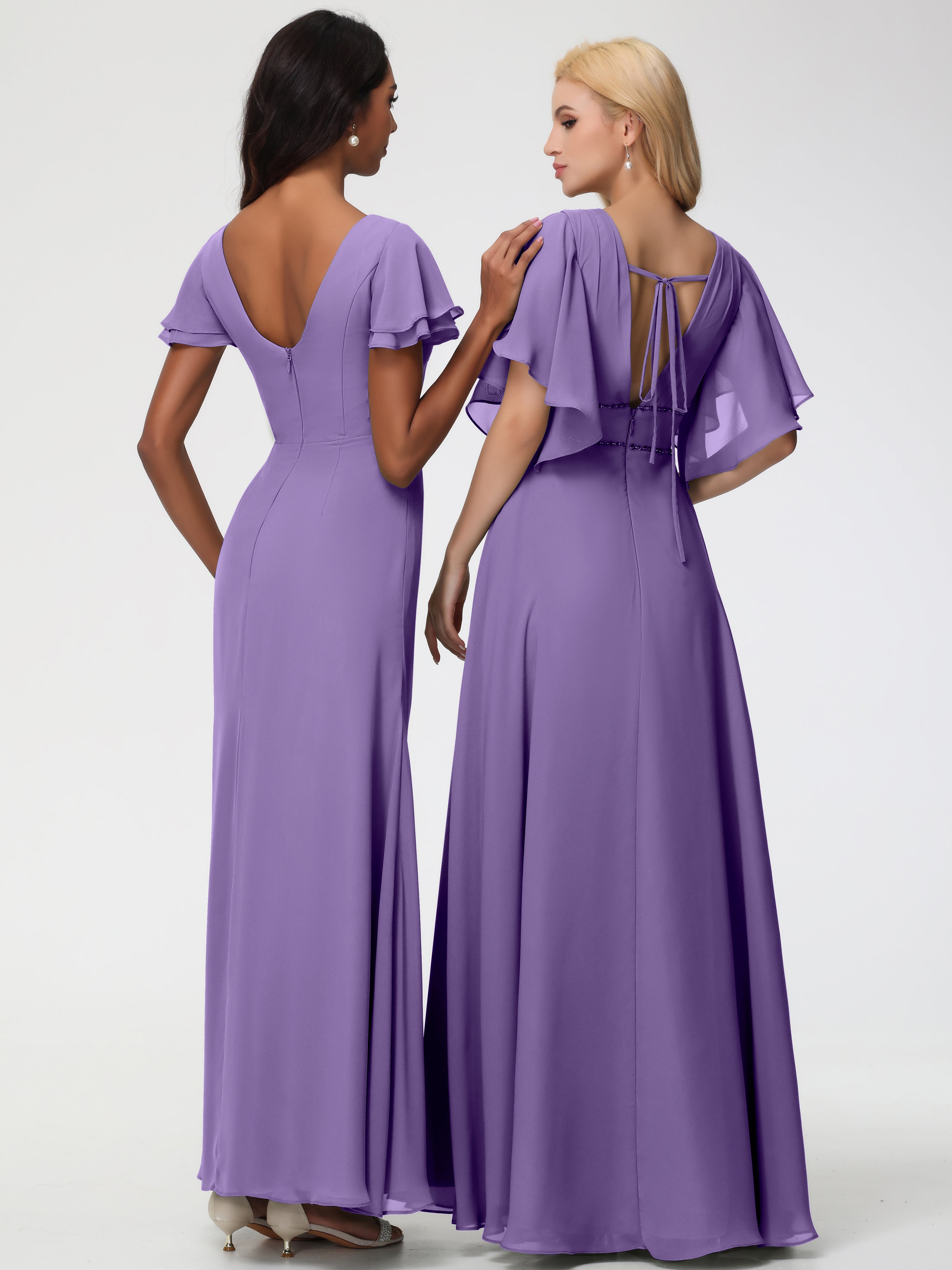 Robes de Demoiselle D'honneur Tahiti Col Rond Manches à Volants Fourreau/Colonne Mousseline Robe Demoiselle d'Honneur
