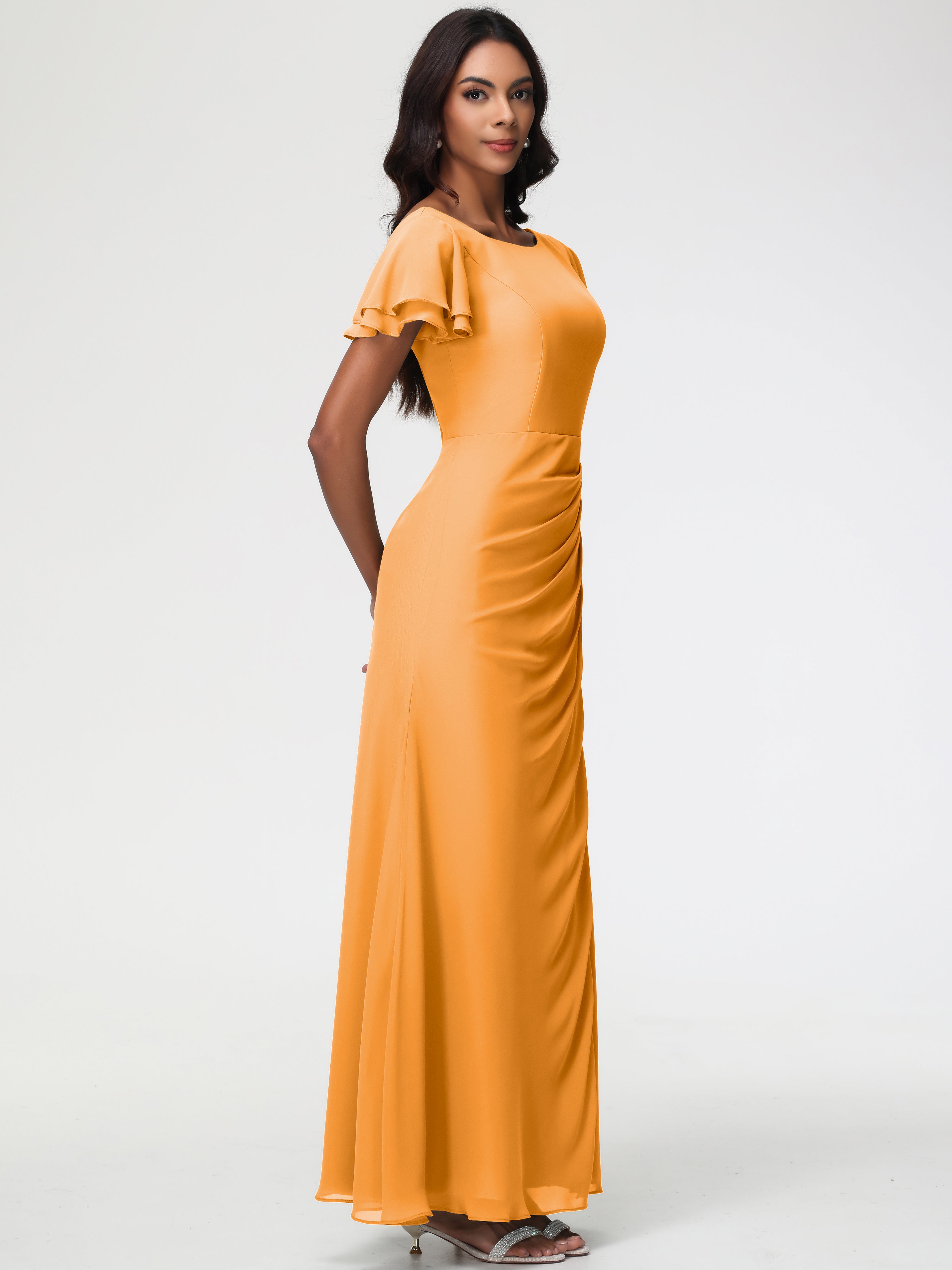 Robes de Demoiselle D'honneur Mandarine Col Rond Manches à Volants Fourreau/Colonne Mousseline Robe Demoiselle d'Honneur
