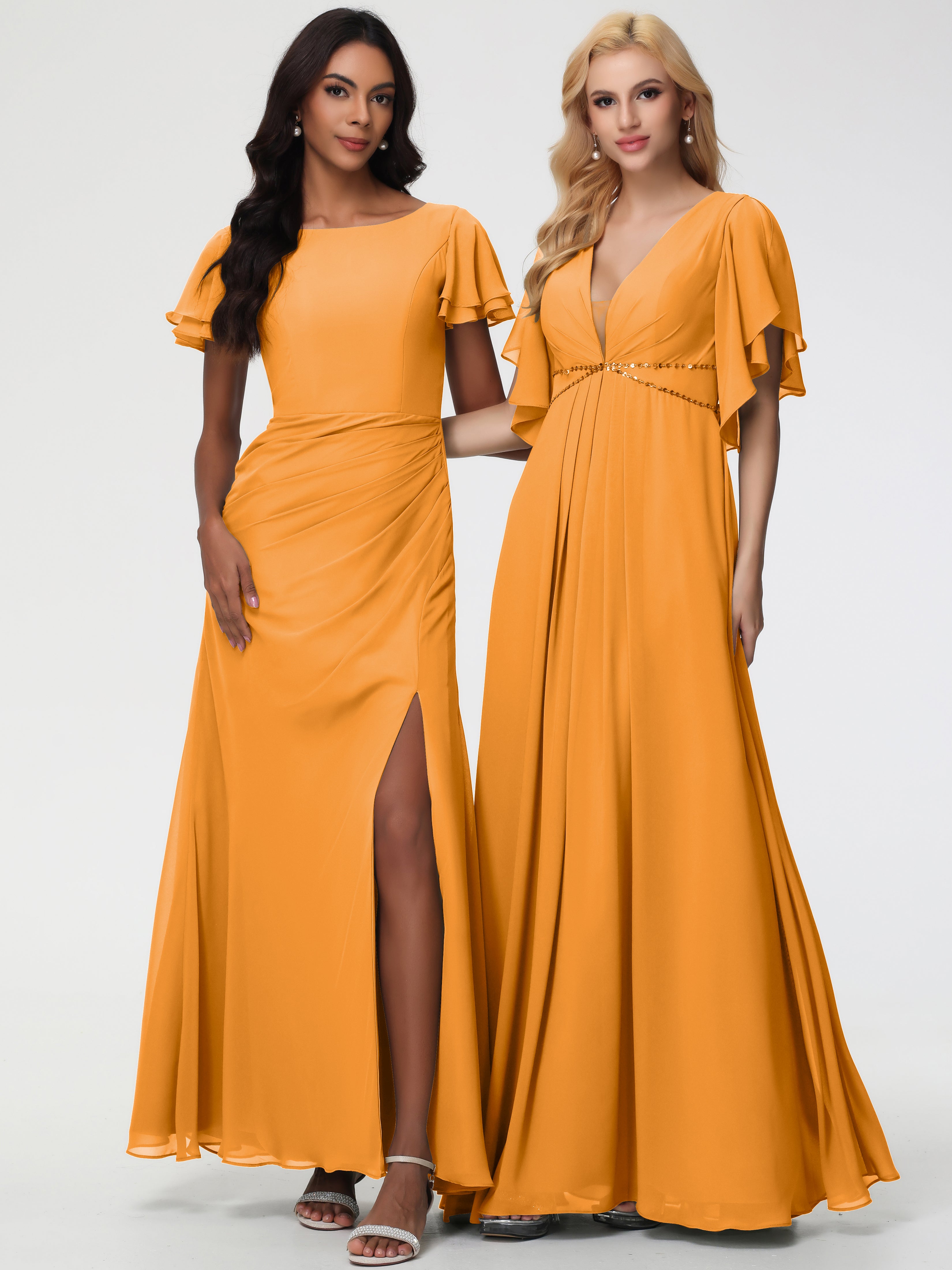 Robes de Demoiselle D'honneur Mandarine Col Rond Manches à Volants Fourreau/Colonne Mousseline Robe Demoiselle d'Honneur