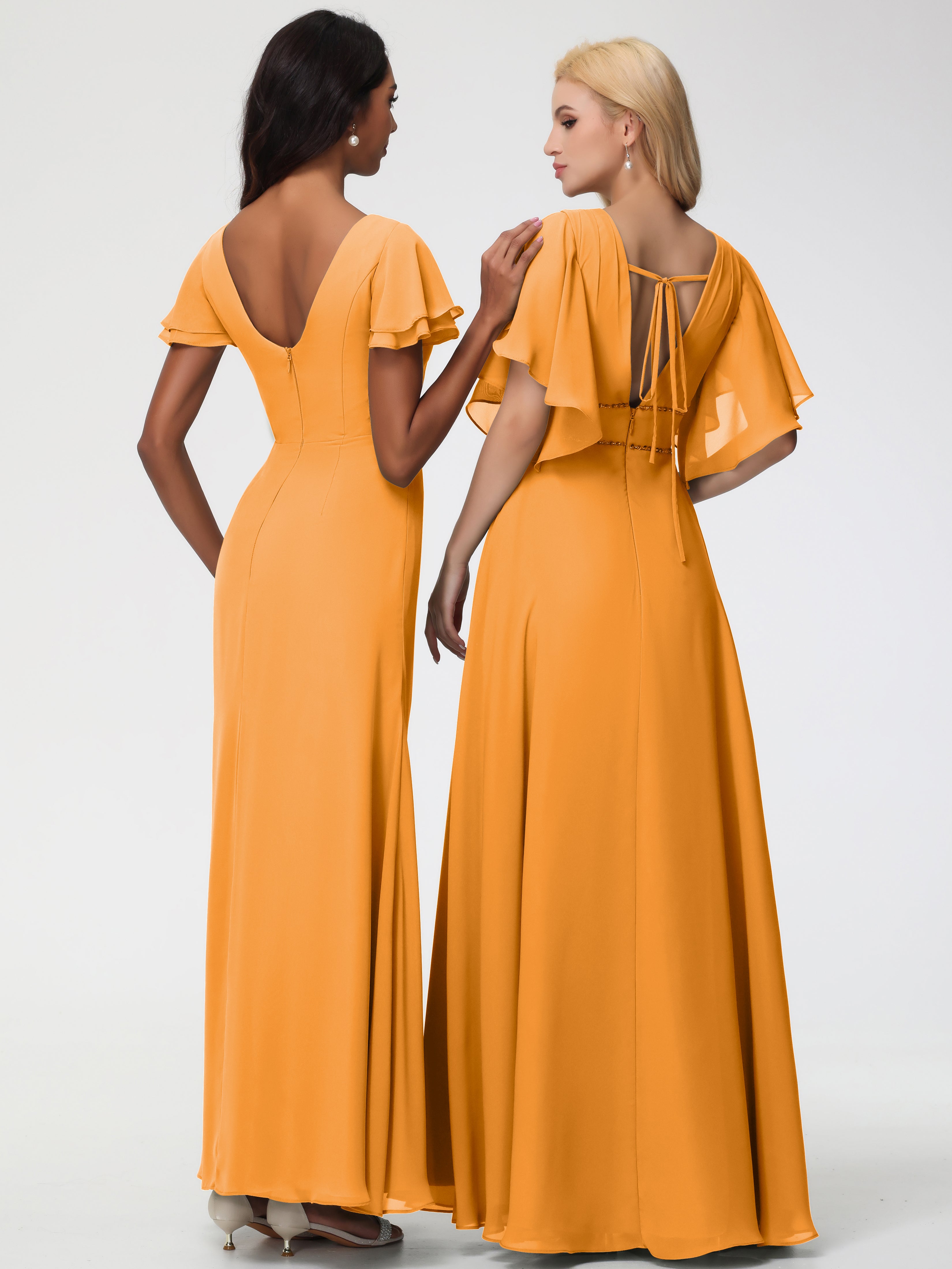 Robes de Demoiselle D'honneur Mandarine Col Rond Manches à Volants Fourreau/Colonne Mousseline Robe Demoiselle d'Honneur