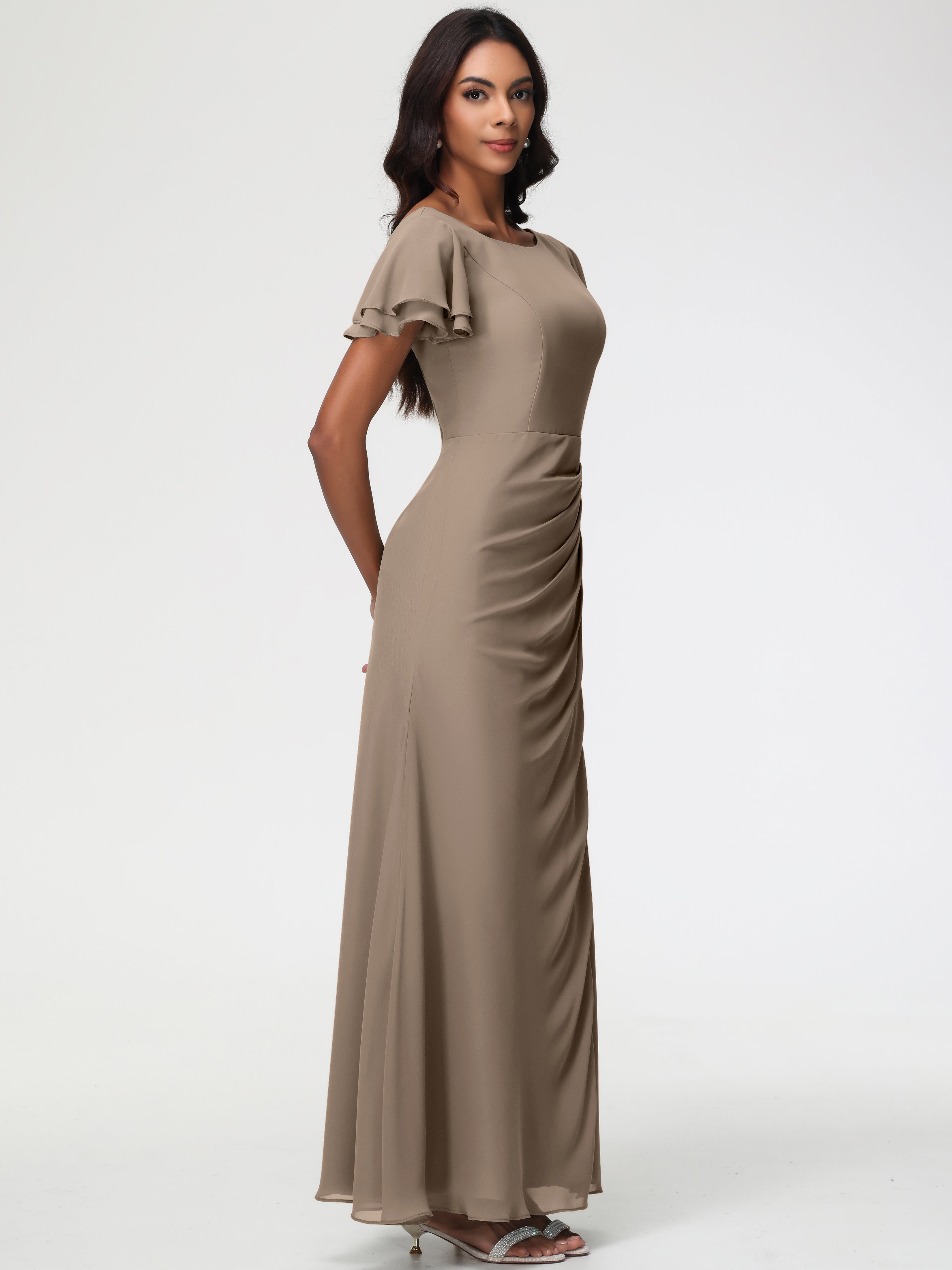 Robe Taupe Demoiselle D Honneur Col Rond Manches à Volants Fourreau/Colonne Mousseline Robe Demoiselle d'Honneur