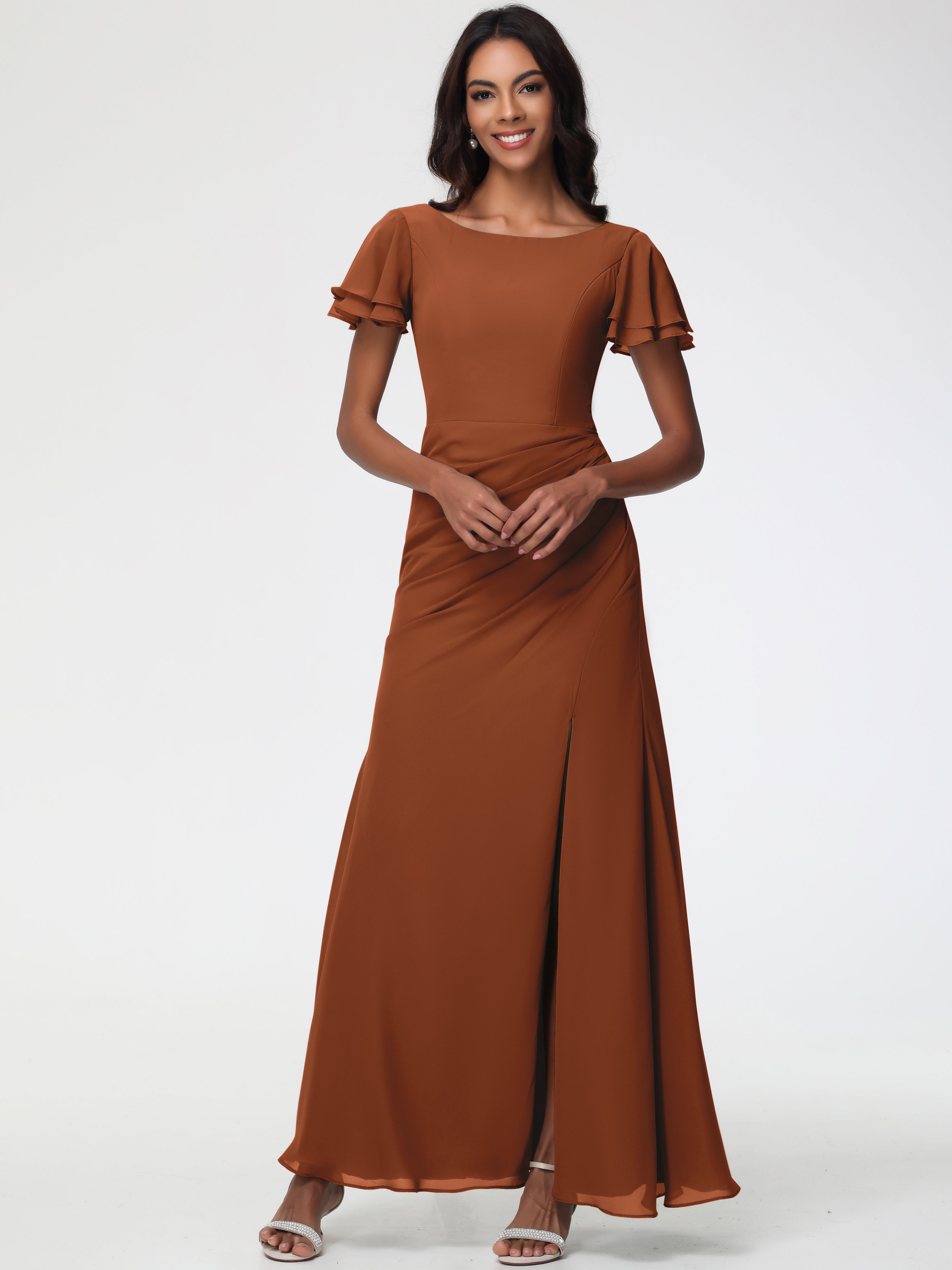 Robe Demoiselle D Honneur Terracotta Col Rond Manches à Volants Fourreau/Colonne Mousseline Robe Demoiselle d'Honneur