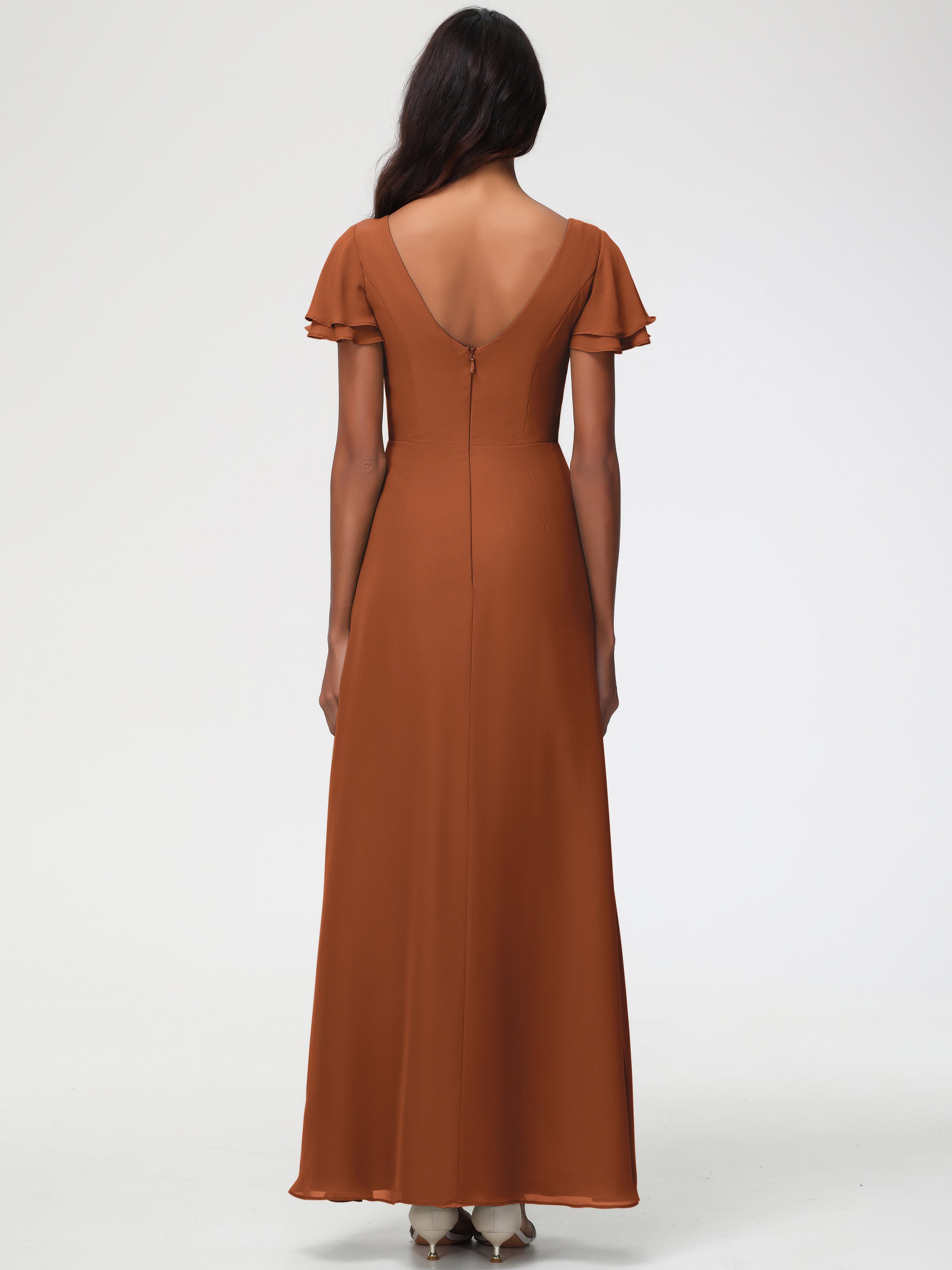Robe Demoiselle D Honneur Terracotta Col Rond Manches à Volants Fourreau/Colonne Mousseline Robe Demoiselle d'Honneur