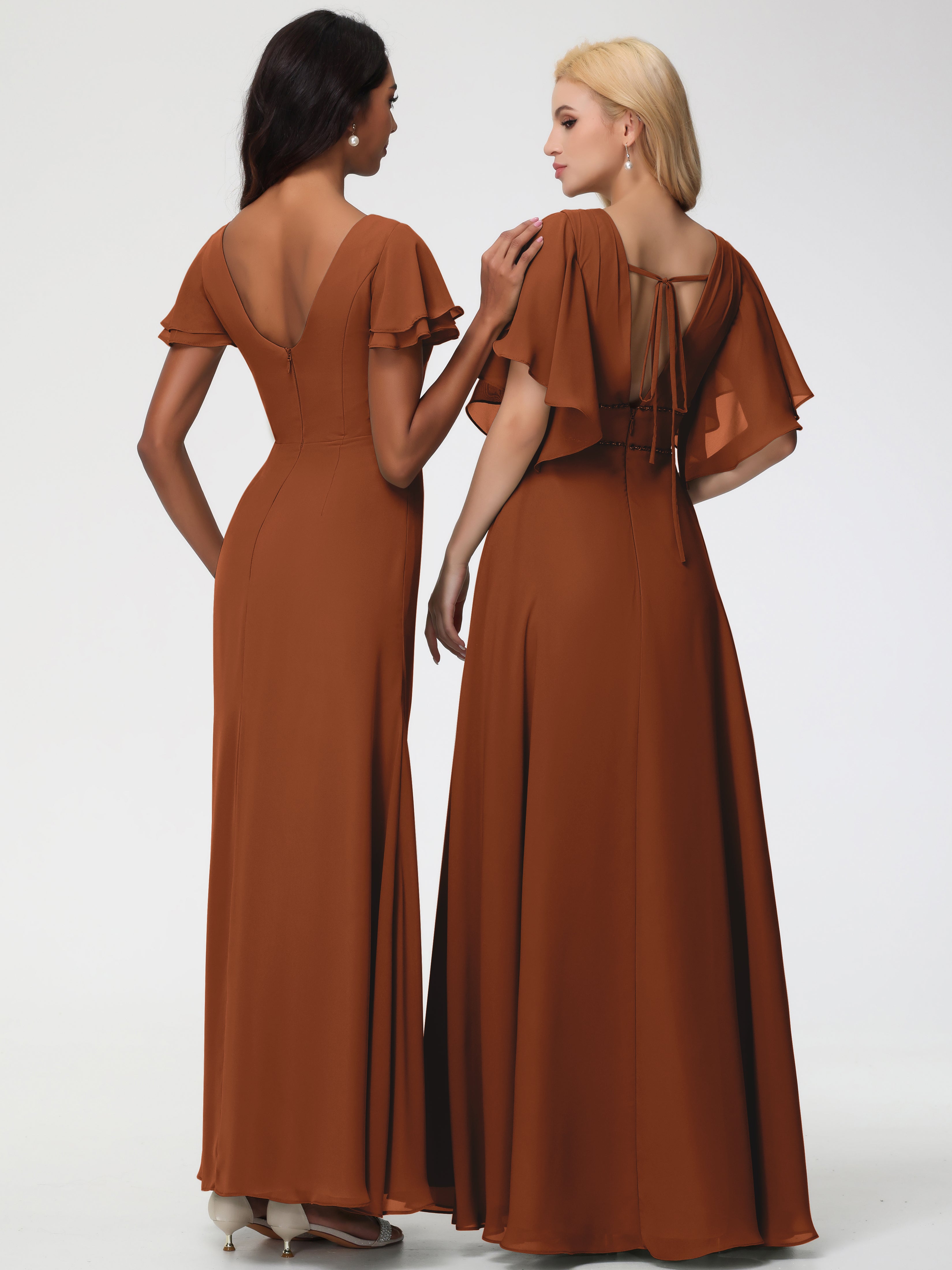 Robe Demoiselle D Honneur Terracotta Col Rond Manches à Volants Fourreau/Colonne Mousseline Robe Demoiselle d'Honneur