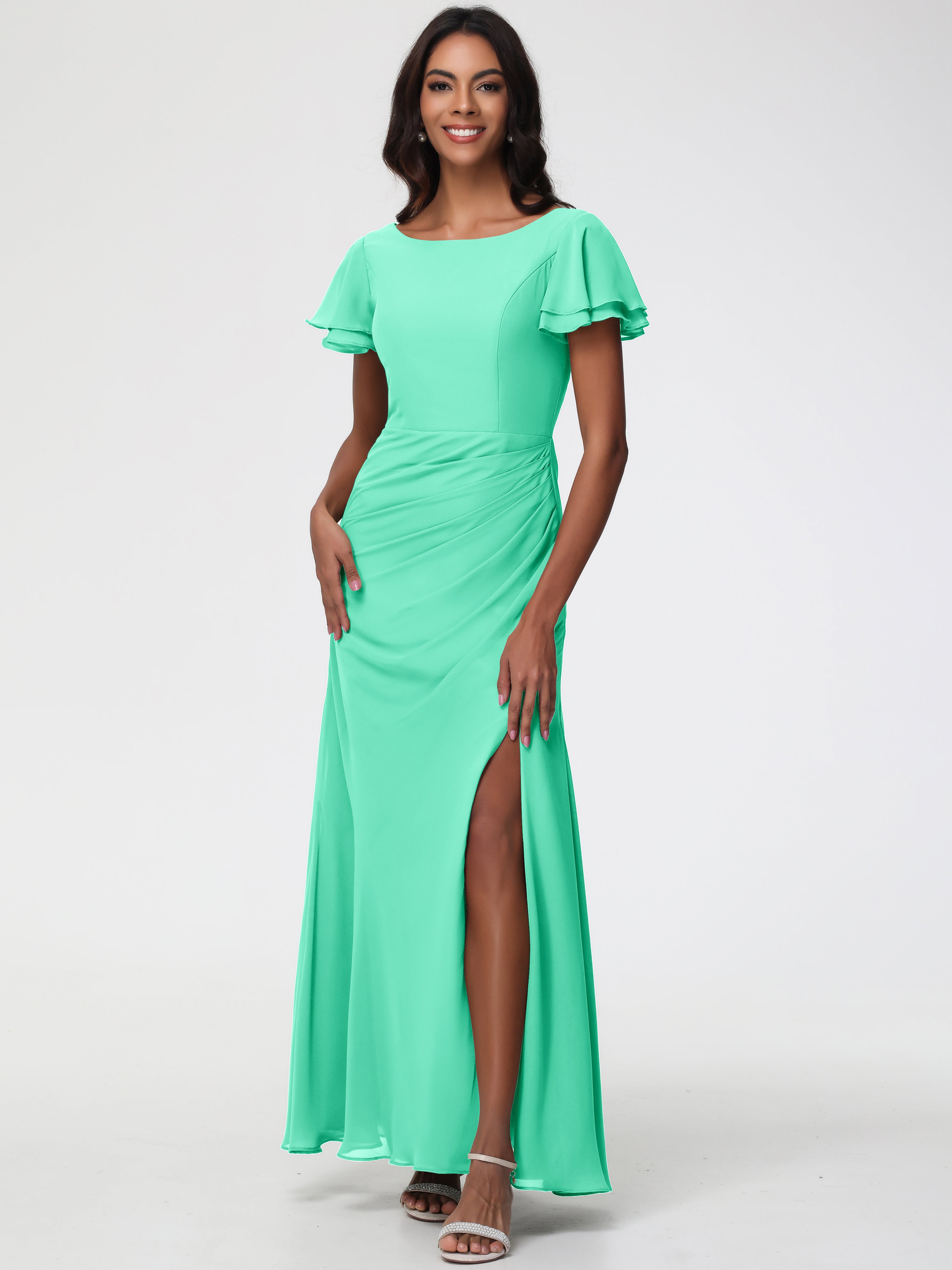 Robe Demoiselle D Honneur Turquoise Col Rond Manches à Volants Fourreau/Colonne Mousseline Robe Demoiselle d'Honneur