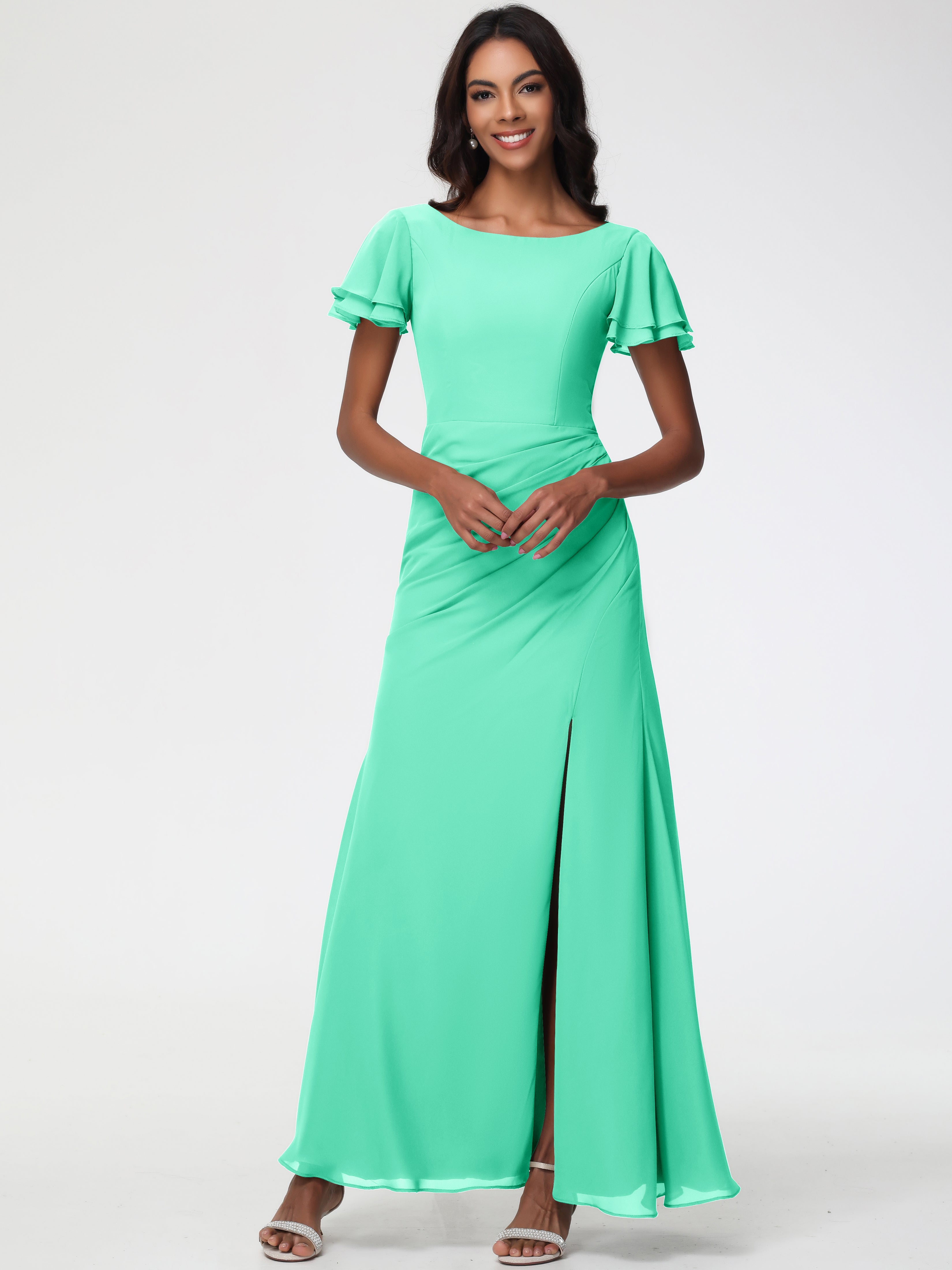 Robe Demoiselle D Honneur Turquoise Col Rond Manches à Volants Fourreau/Colonne Mousseline Robe Demoiselle d'Honneur