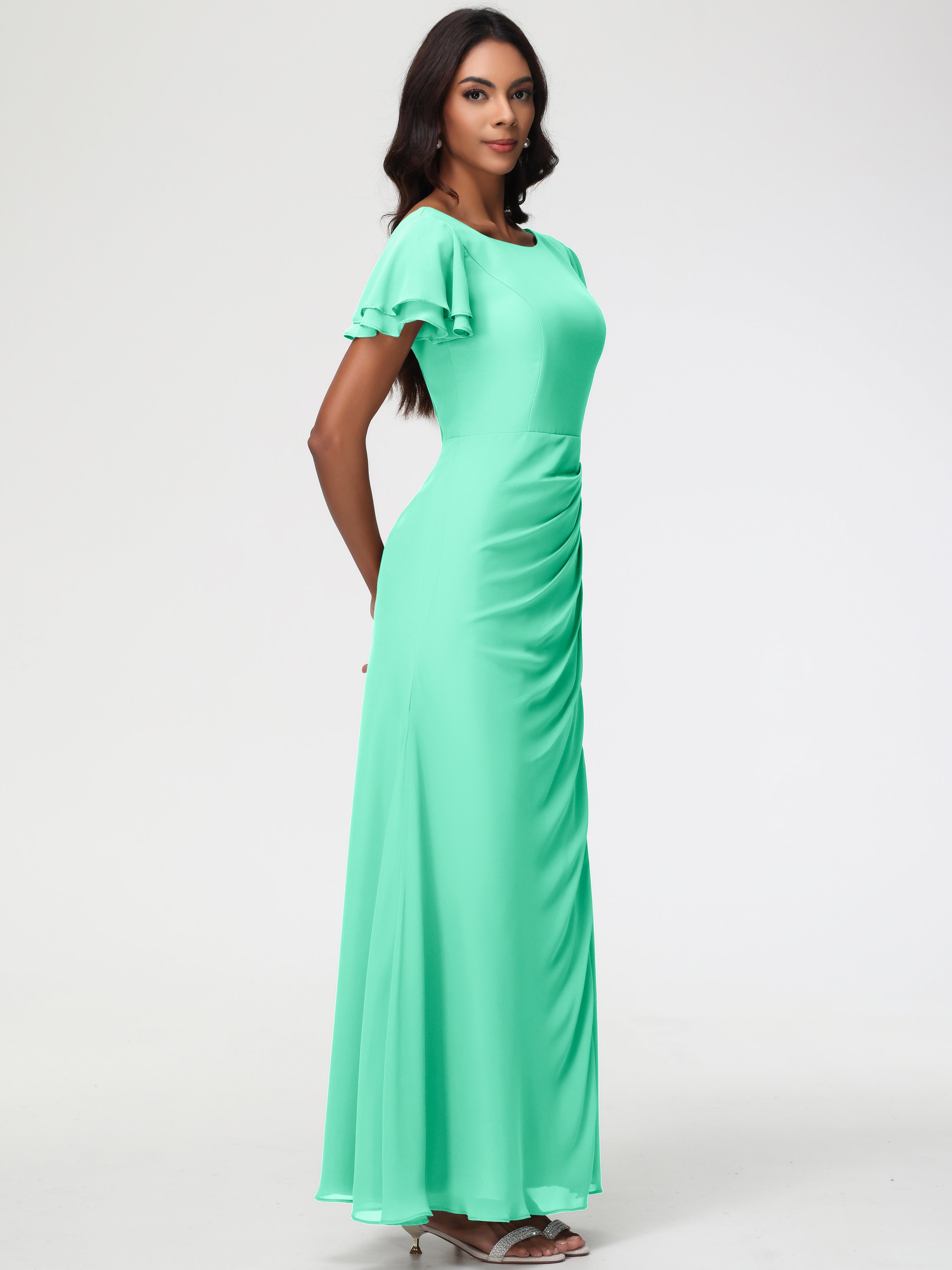 Robe Demoiselle D Honneur Turquoise Col Rond Manches à Volants Fourreau/Colonne Mousseline Robe Demoiselle d'Honneur