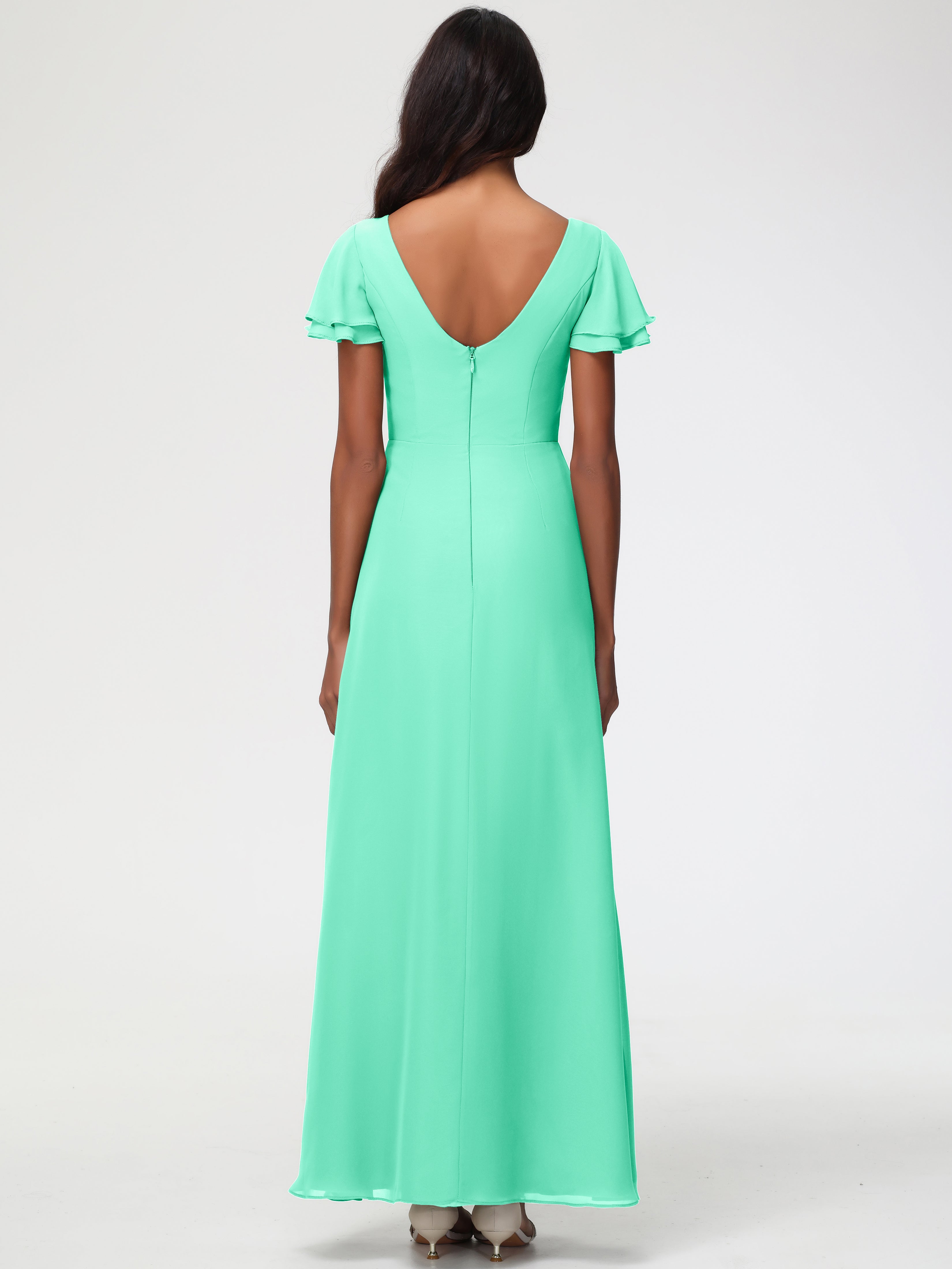 Robe Demoiselle D Honneur Turquoise Col Rond Manches à Volants Fourreau/Colonne Mousseline Robe Demoiselle d'Honneur