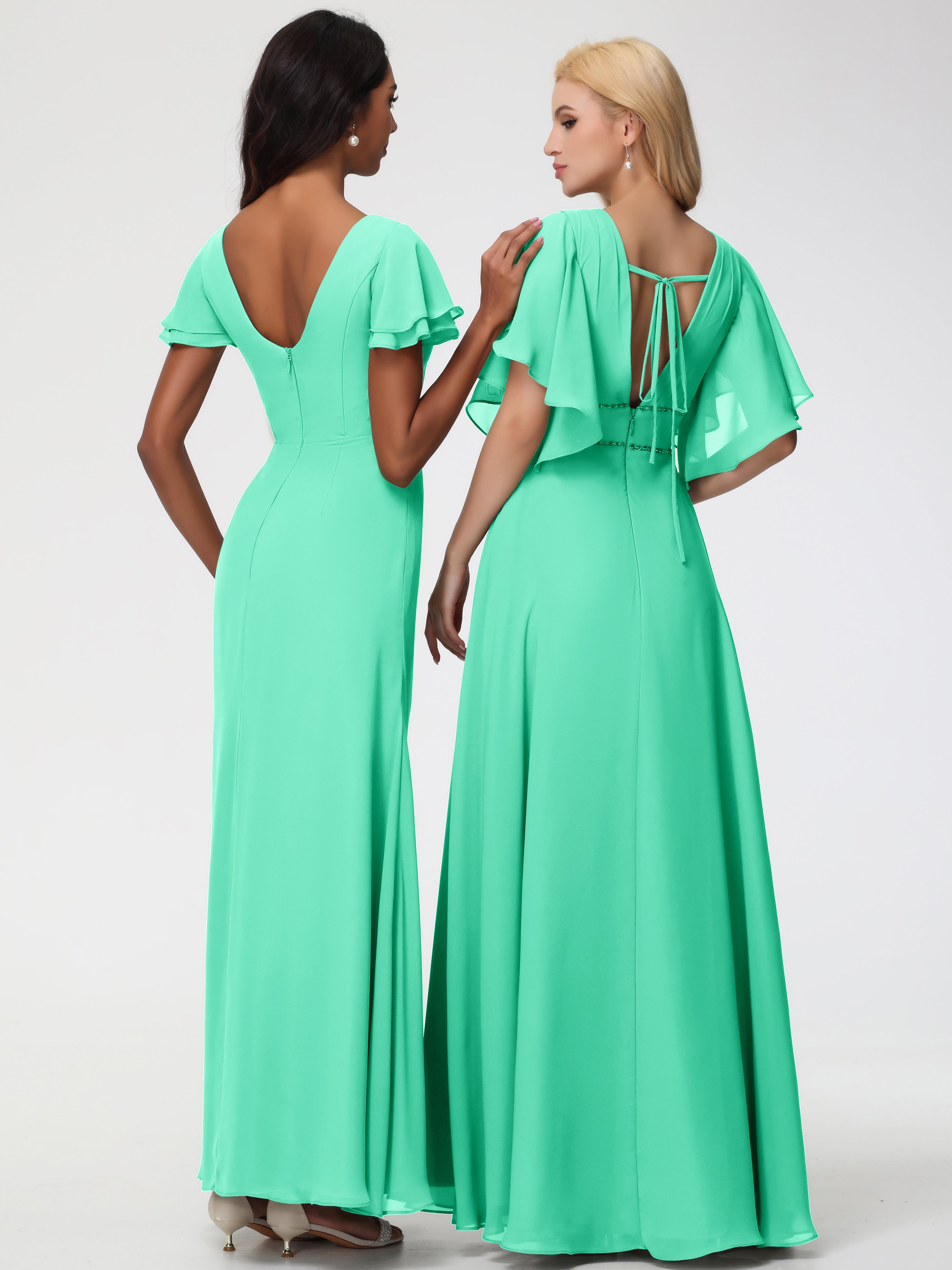 Robe Demoiselle D Honneur Turquoise Col Rond Manches à Volants Fourreau/Colonne Mousseline Robe Demoiselle d'Honneur