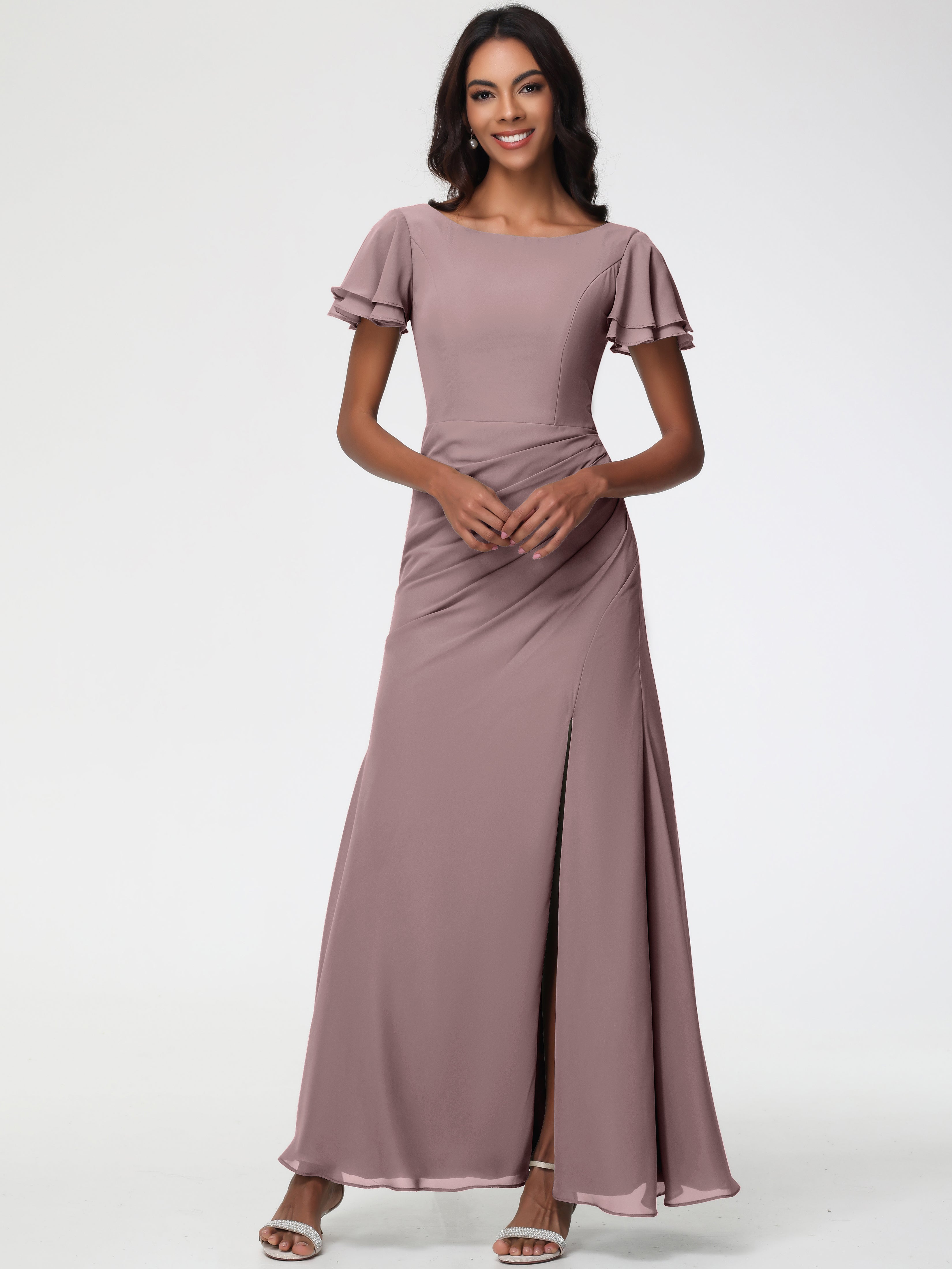 Robes de Demoiselle D'honneur Vintage Mauve Col Rond Manches à Volants Fourreau/Colonne Mousseline Robe Demoiselle d'Honneur