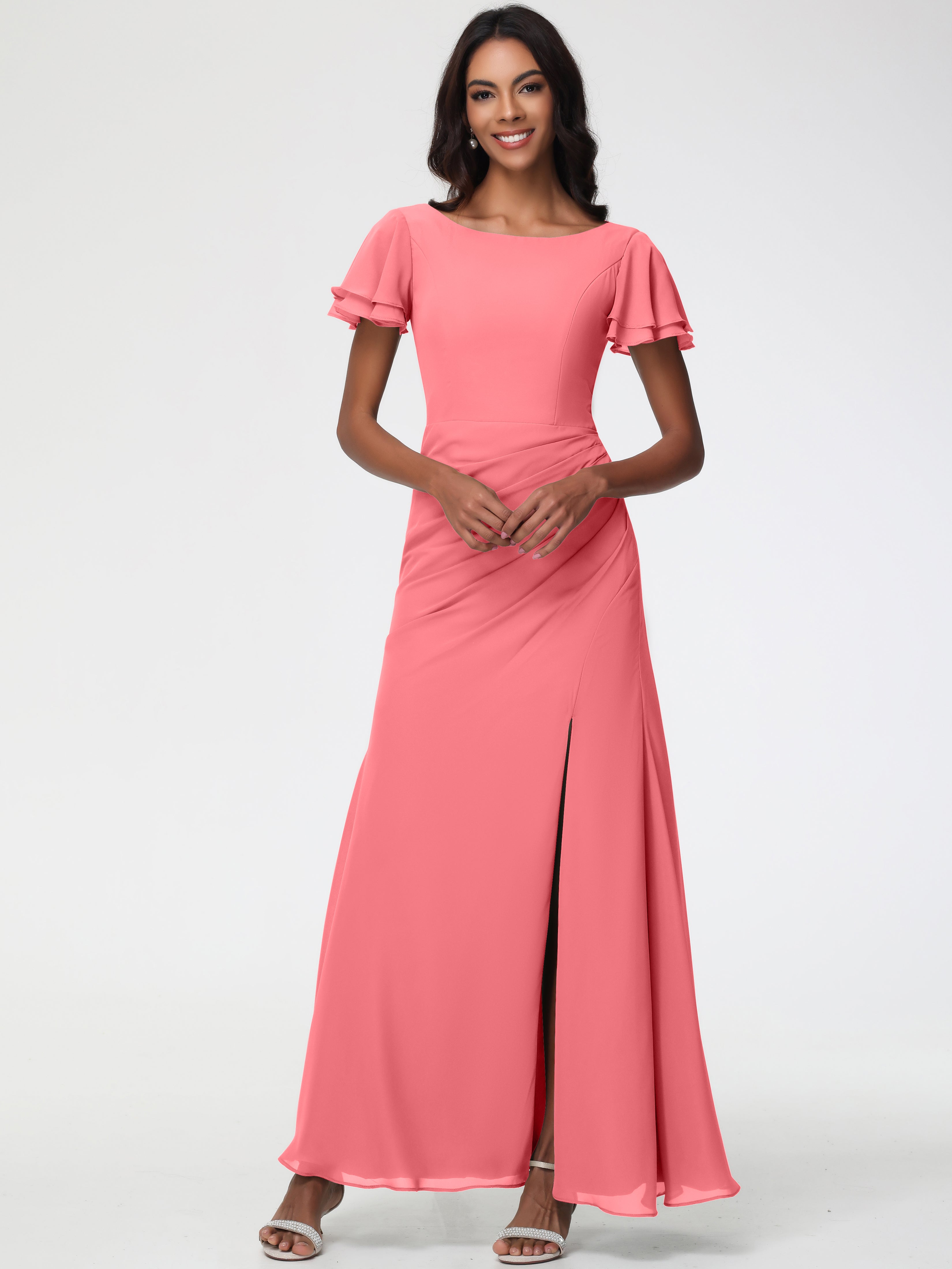 Robes de Demoiselle D'honneur Pastèque Col Rond Manches à Volants Fourreau/Colonne Mousseline Robe Demoiselle d'Honneur