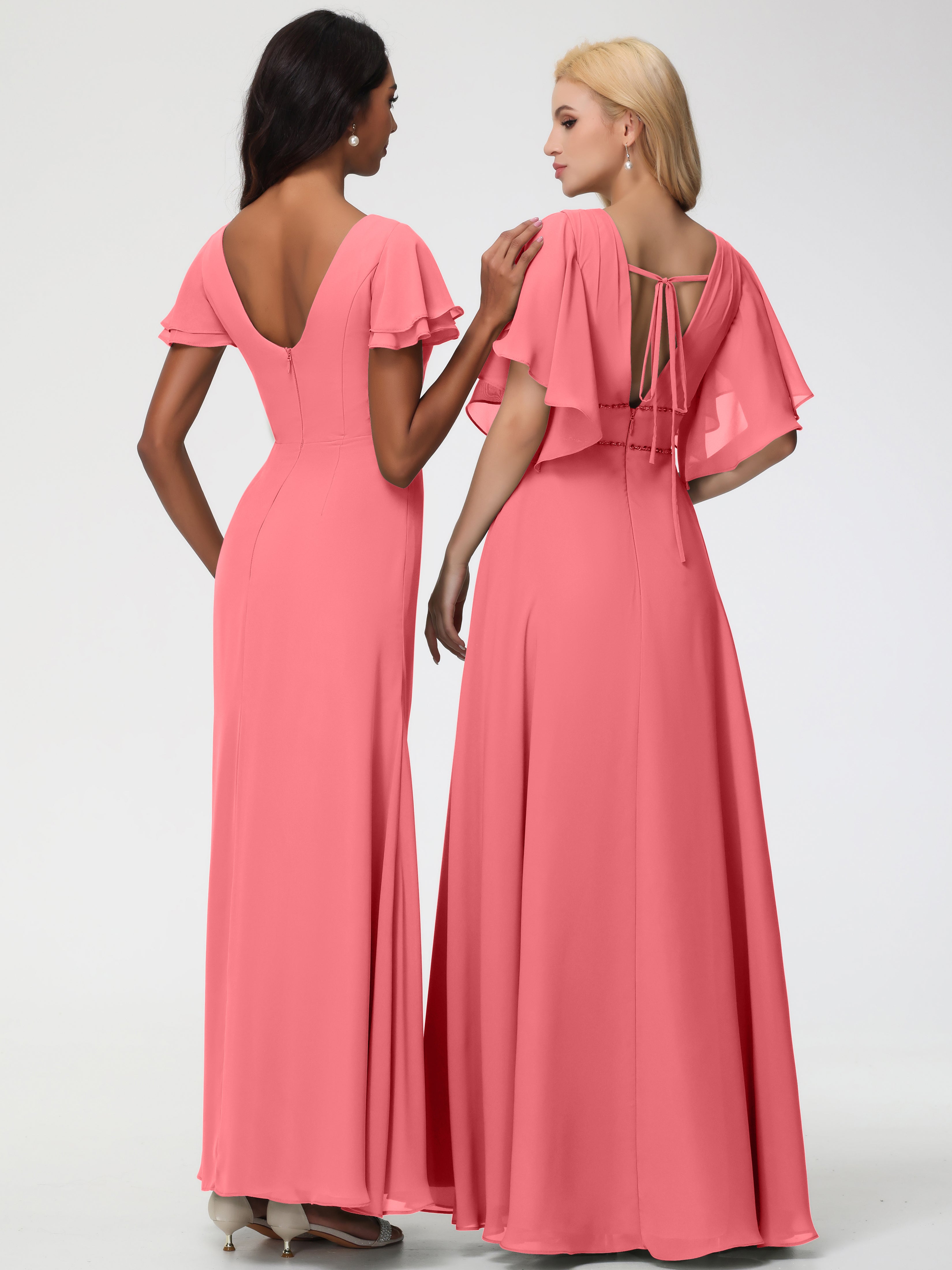 Robes de Demoiselle D'honneur Pastèque Col Rond Manches à Volants Fourreau/Colonne Mousseline Robe Demoiselle d'Honneur