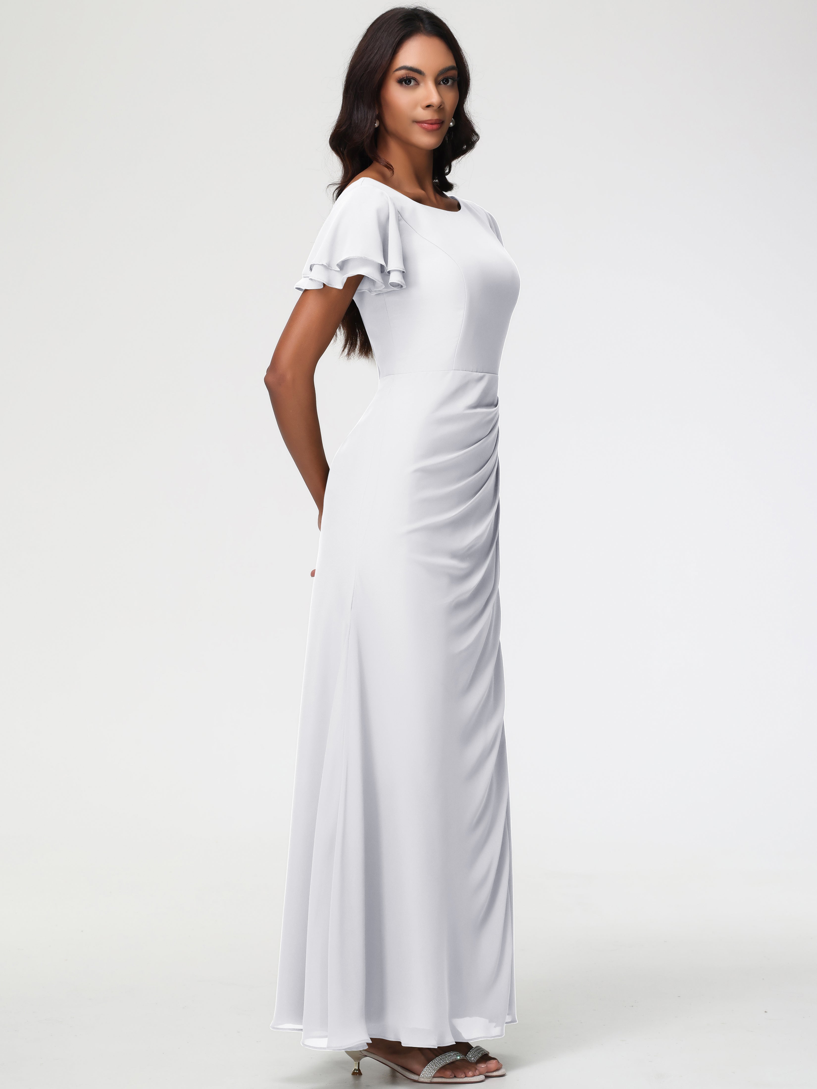 Robe Demoiselle D Honneur Blanc Col Rond Manches à Volants Fourreau/Colonne Mousseline Robe Demoiselle d'Honneur