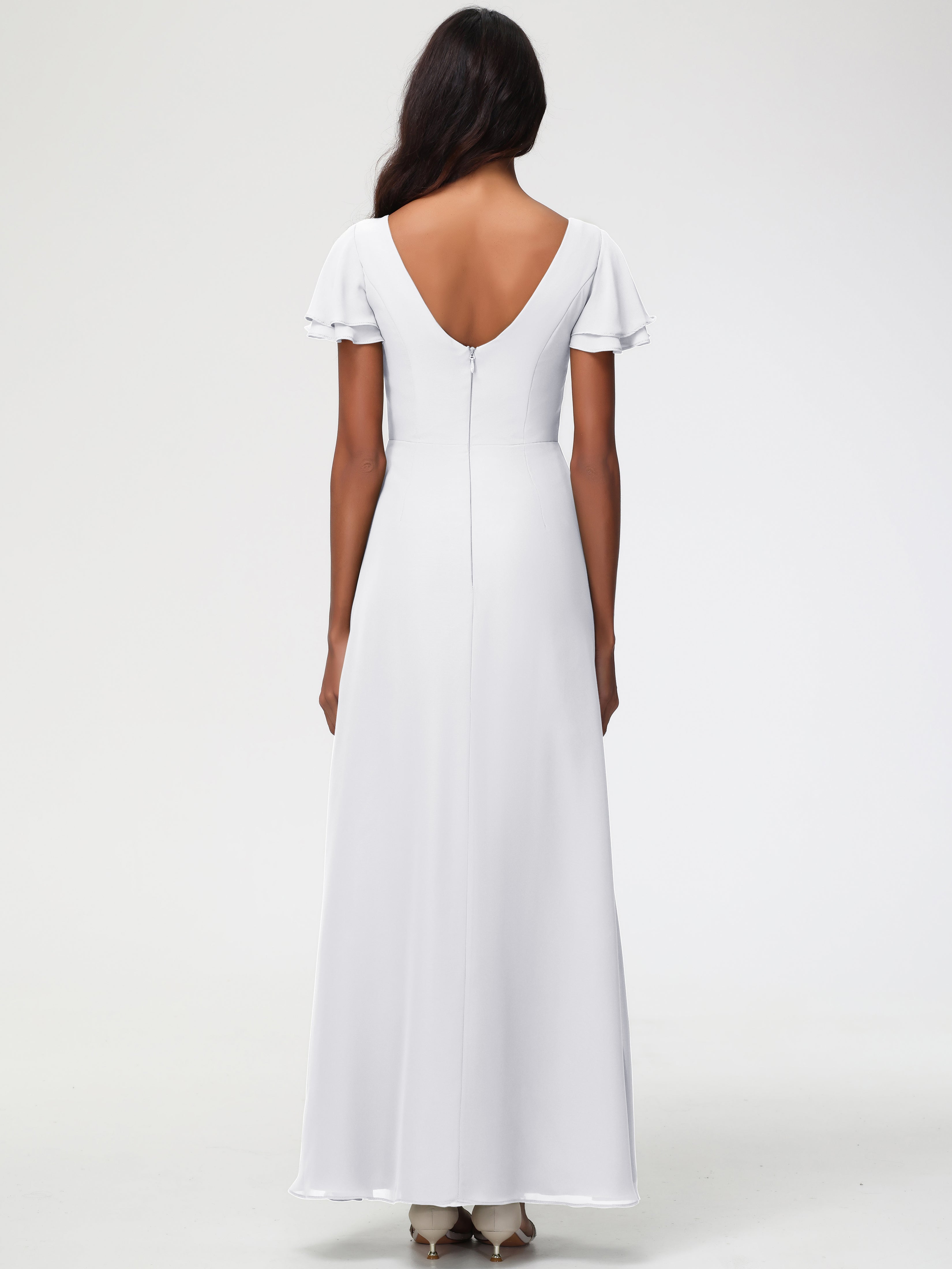 Robe Demoiselle D Honneur Blanc Col Rond Manches à Volants Fourreau/Colonne Mousseline Robe Demoiselle d'Honneur