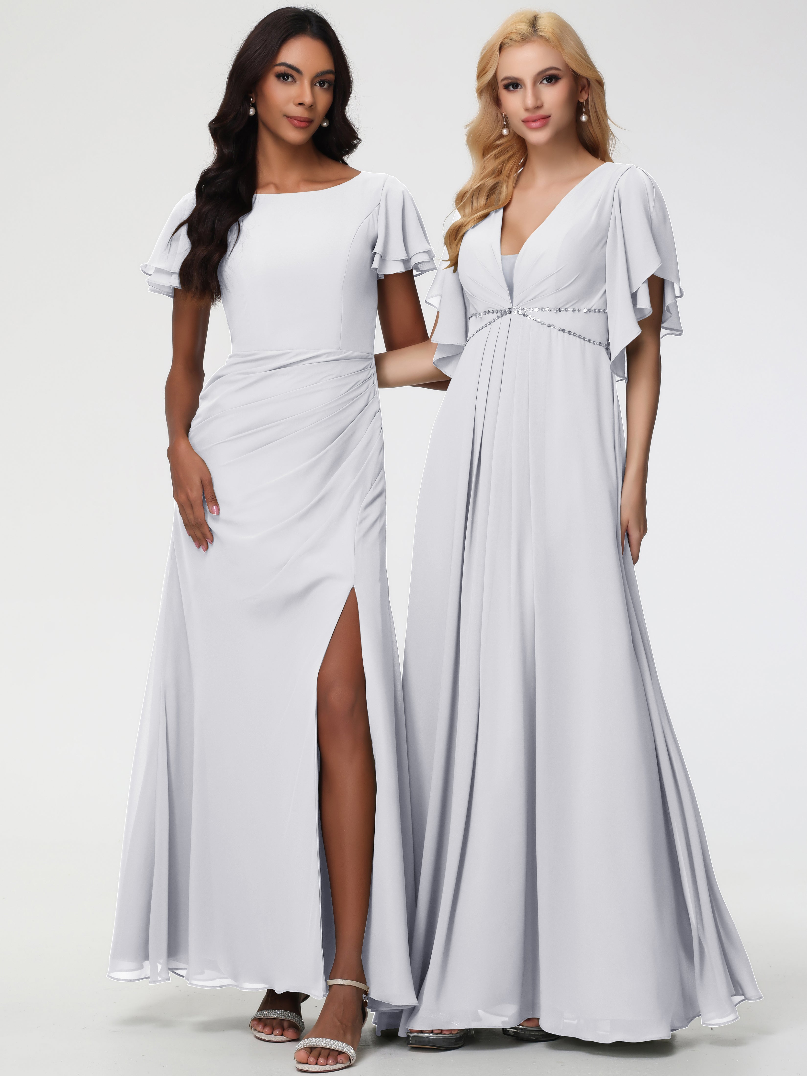 Robe Demoiselle D Honneur Blanc Col Rond Manches à Volants Fourreau/Colonne Mousseline Robe Demoiselle d'Honneur