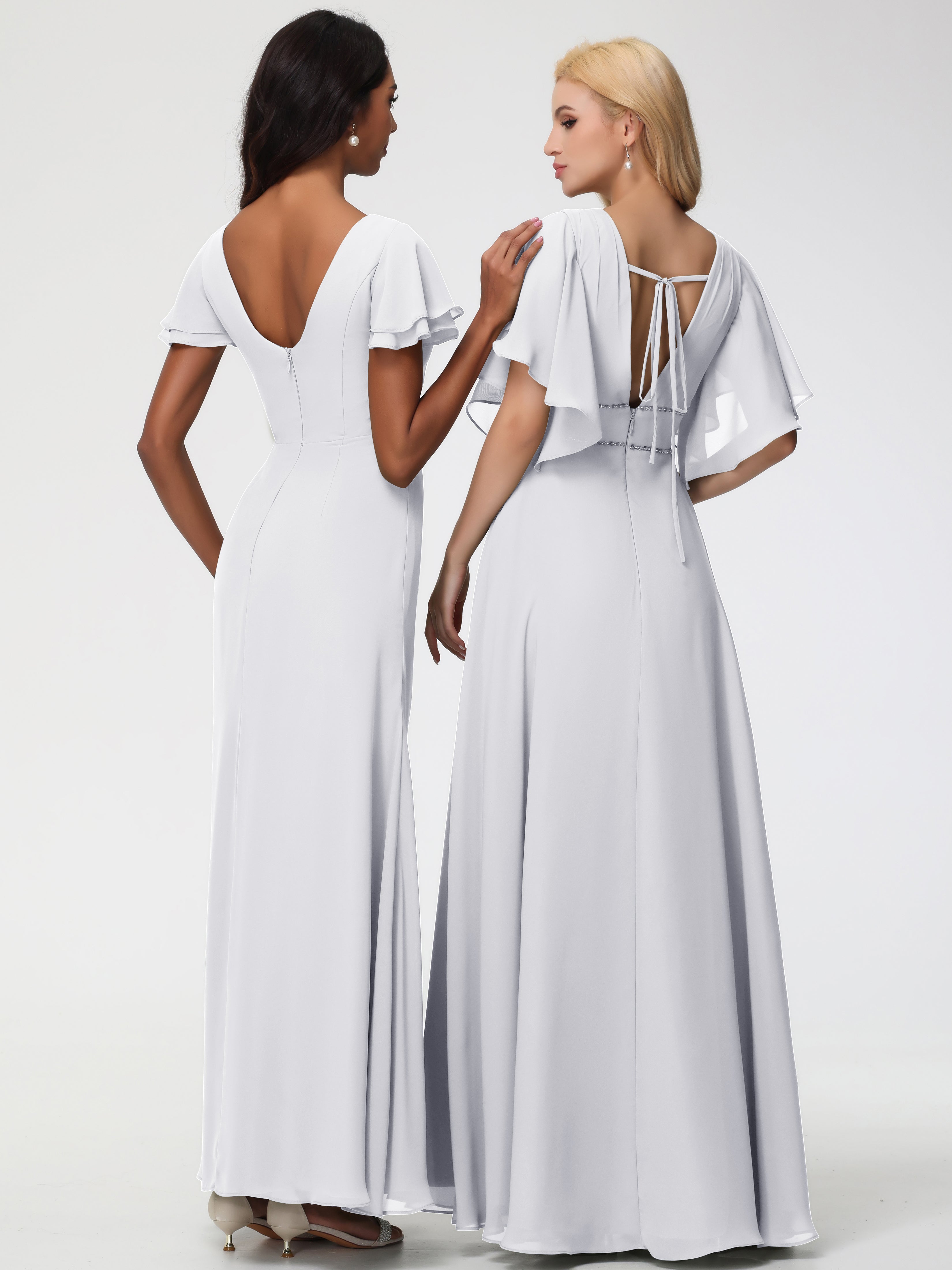 Robe Demoiselle D Honneur Blanc Col Rond Manches à Volants Fourreau/Colonne Mousseline Robe Demoiselle d'Honneur