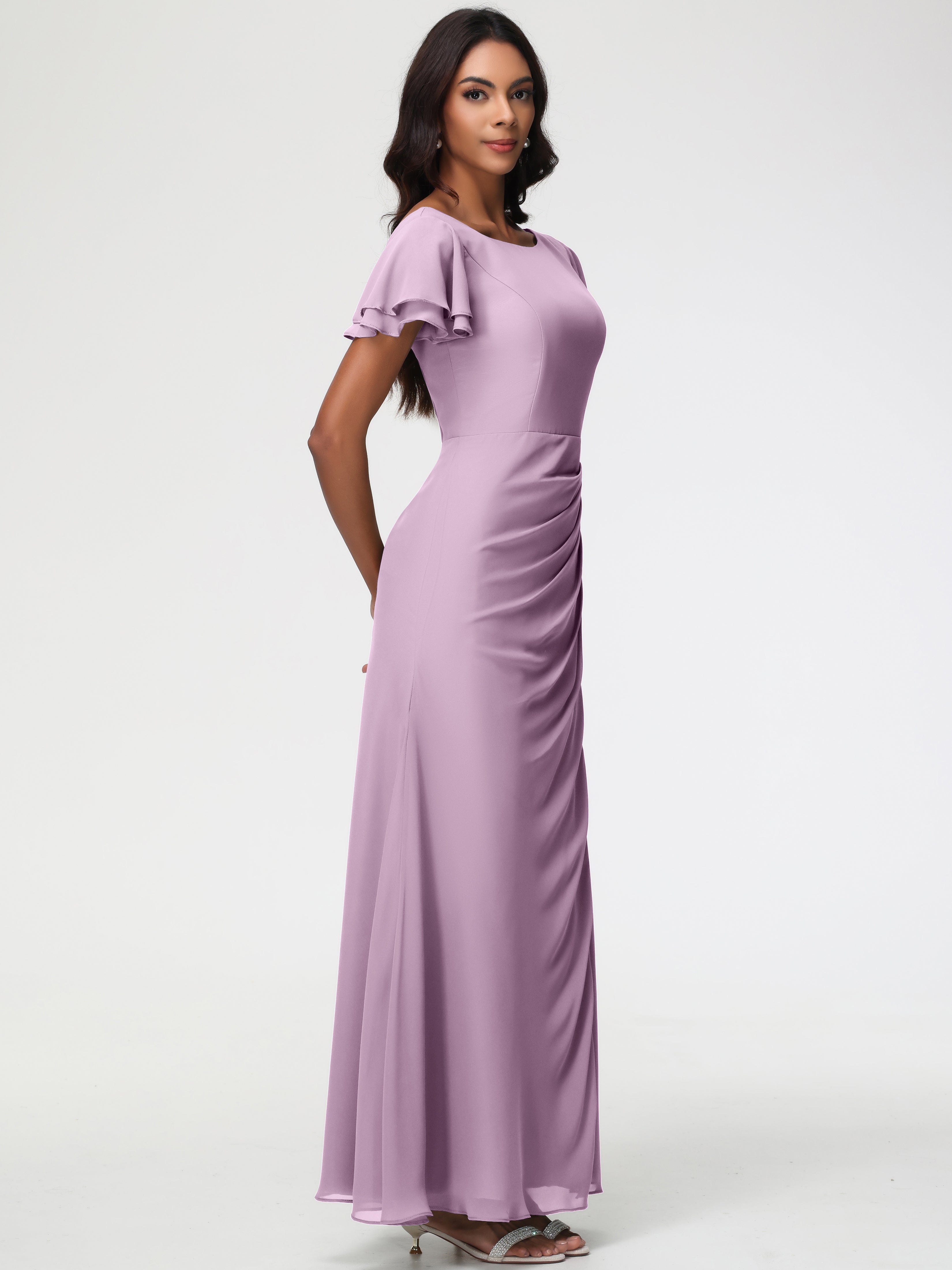 Robes de Demoiselle D'honneur Glycine Col Rond Manches à Volants Fourreau/Colonne Mousseline Robe Demoiselle d'Honneur