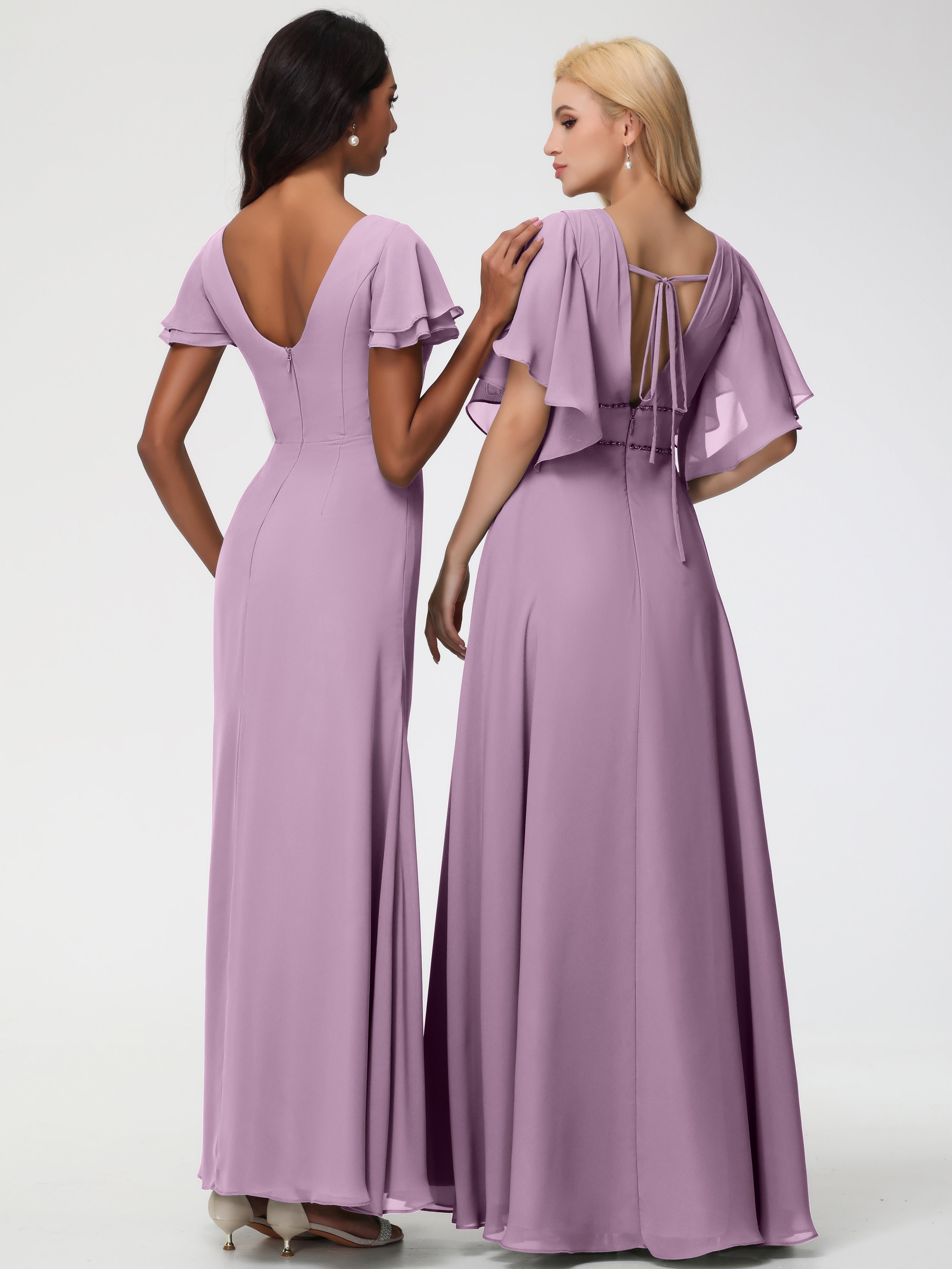 Robes de Demoiselle D'honneur Glycine Col Rond Manches à Volants Fourreau/Colonne Mousseline Robe Demoiselle d'Honneur