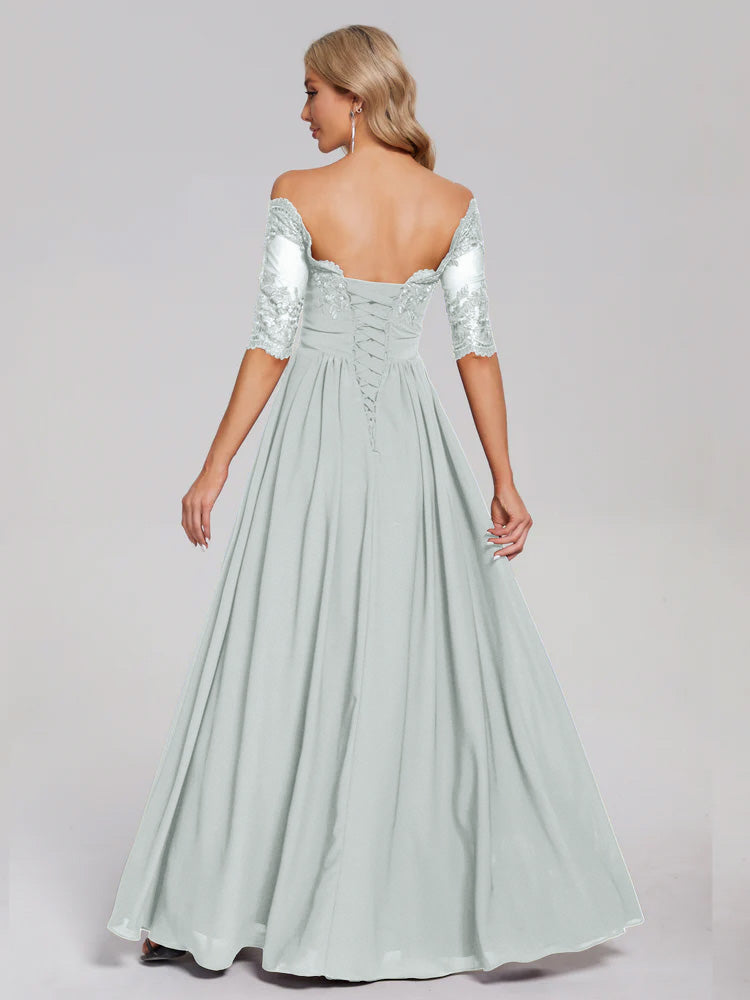 Robe Demoiselle D Honneur Celadon Hors-La-Épaule Demi Manches Dentelle/Mousseline Robes Demoiselle D'Honneur