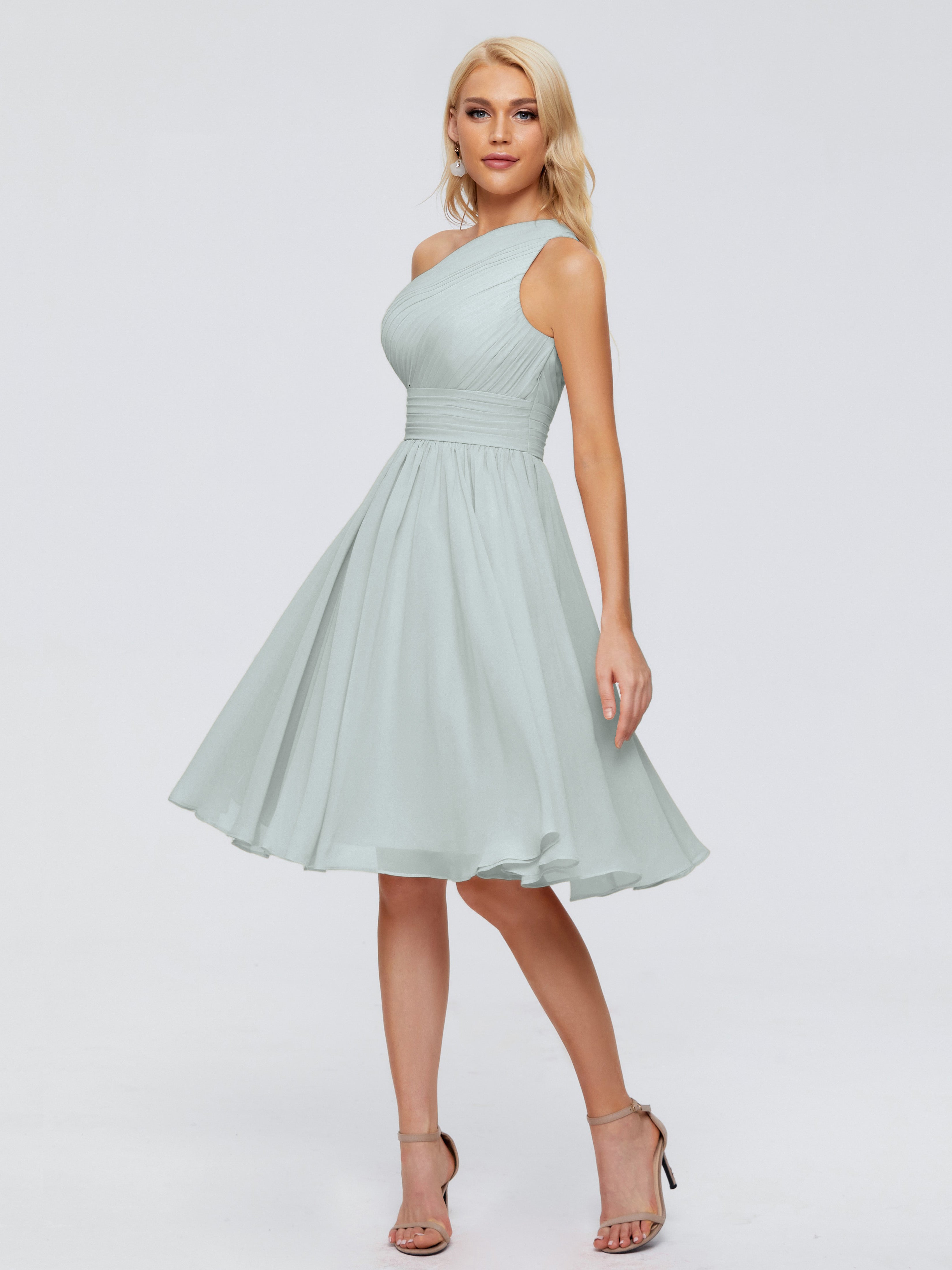 Robe Demoiselle D Honneur Vert Celadon Seule-Épaule Mousseline Robes Demoiselle D'Honneur Courte