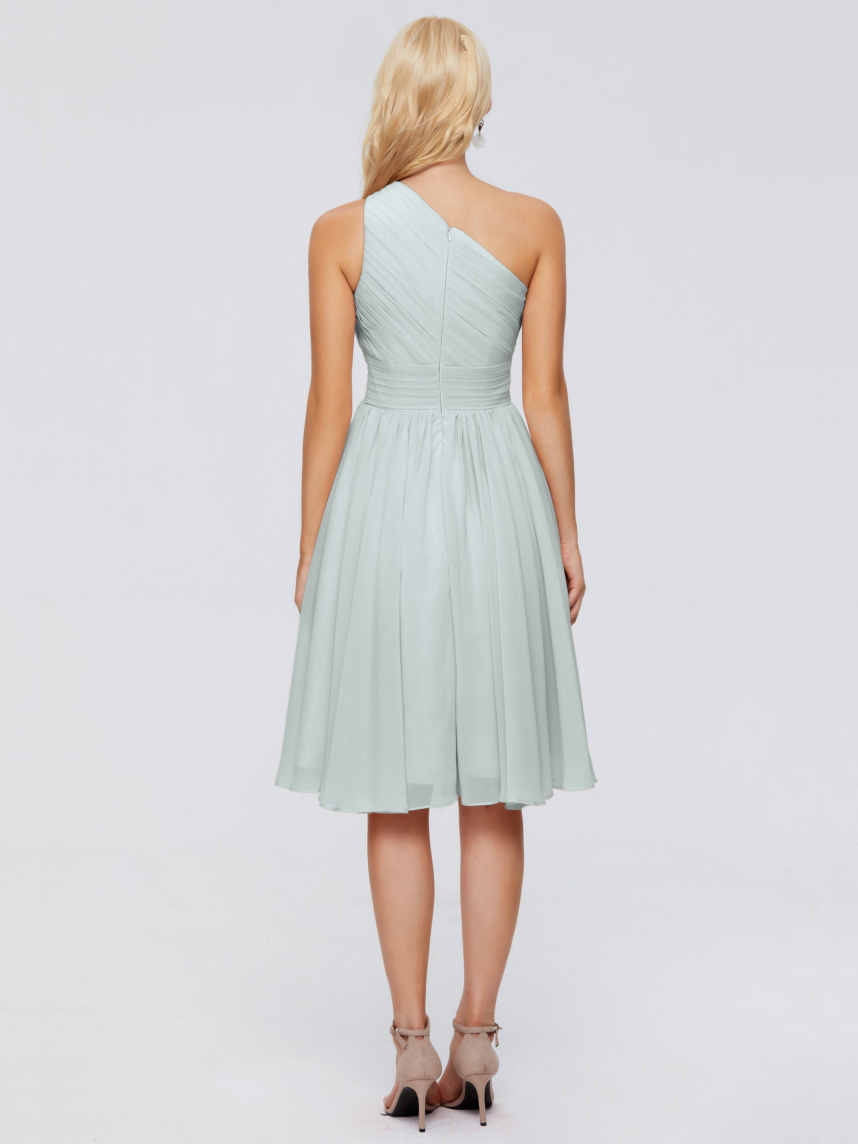 Robe Demoiselle D Honneur Vert Celadon Seule-Épaule Mousseline Robes Demoiselle D'Honneur Courte