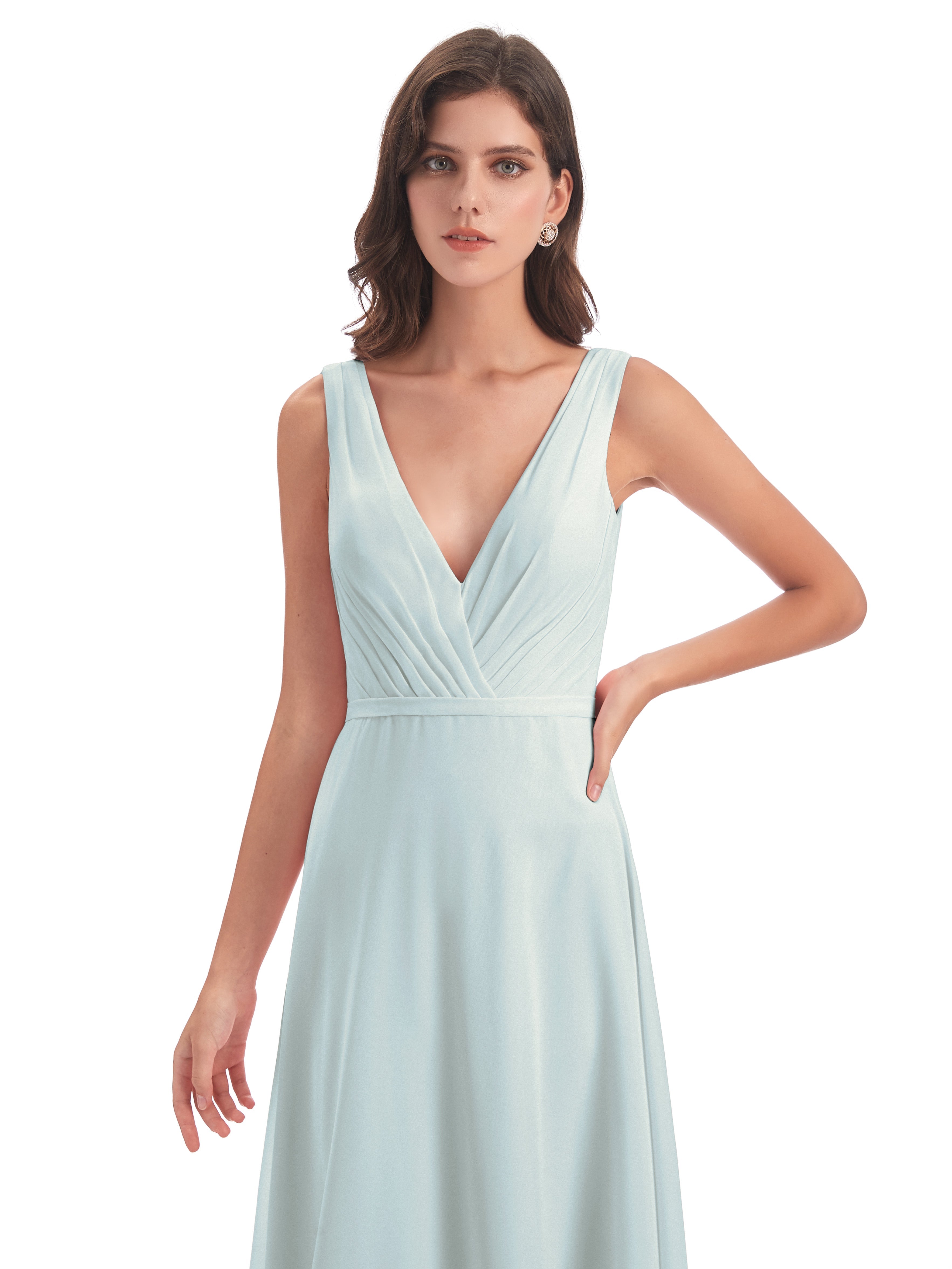 Robe Demoiselle D Honneur Vert Celadon Fourreau Col V Sans Manche Mousseline Robes Demoiselle D'Honneur