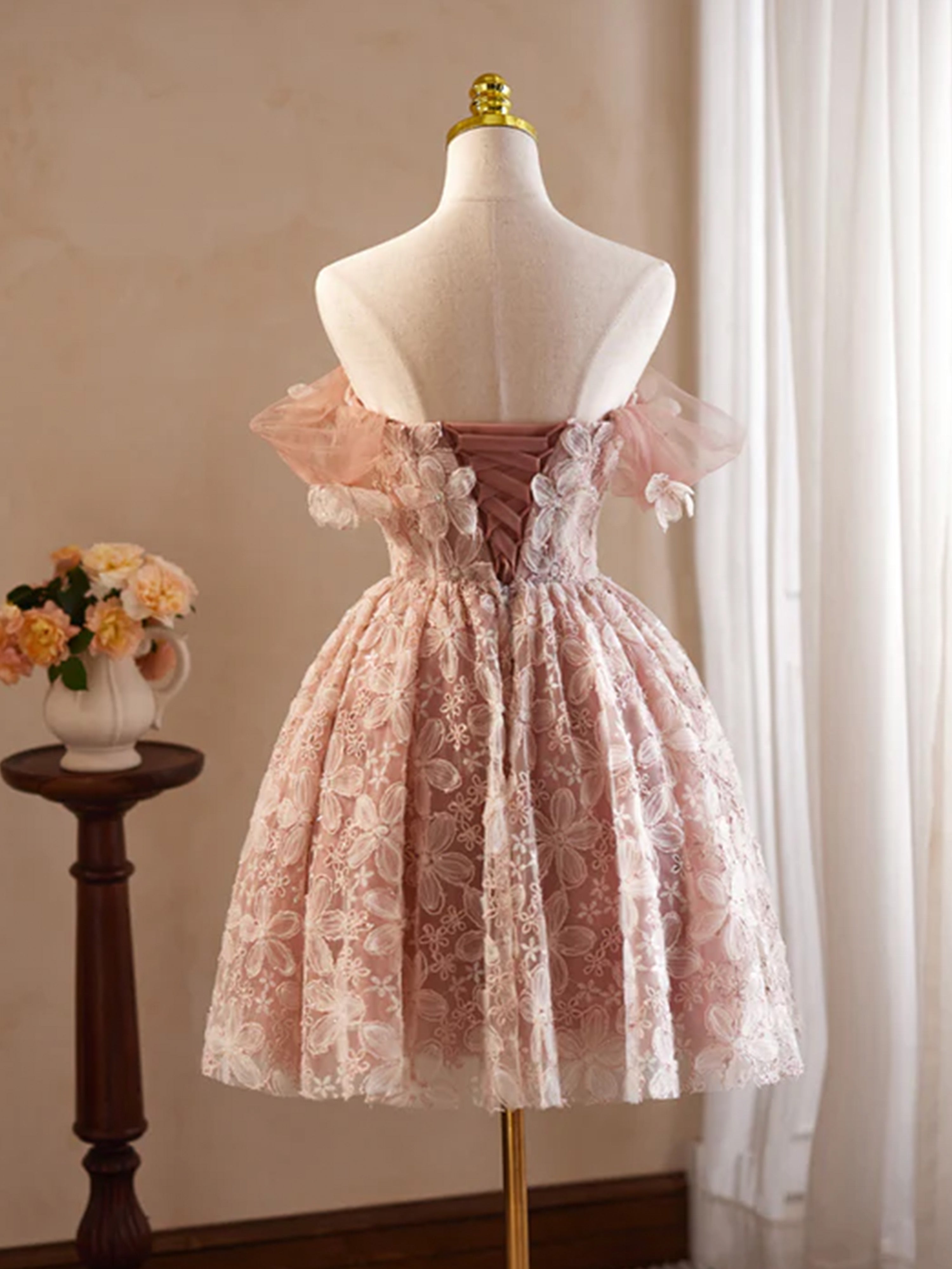 Robe de bal Rose en Tulle et Dentelle à Épaules Dénudées avec Appliques de Fleurs