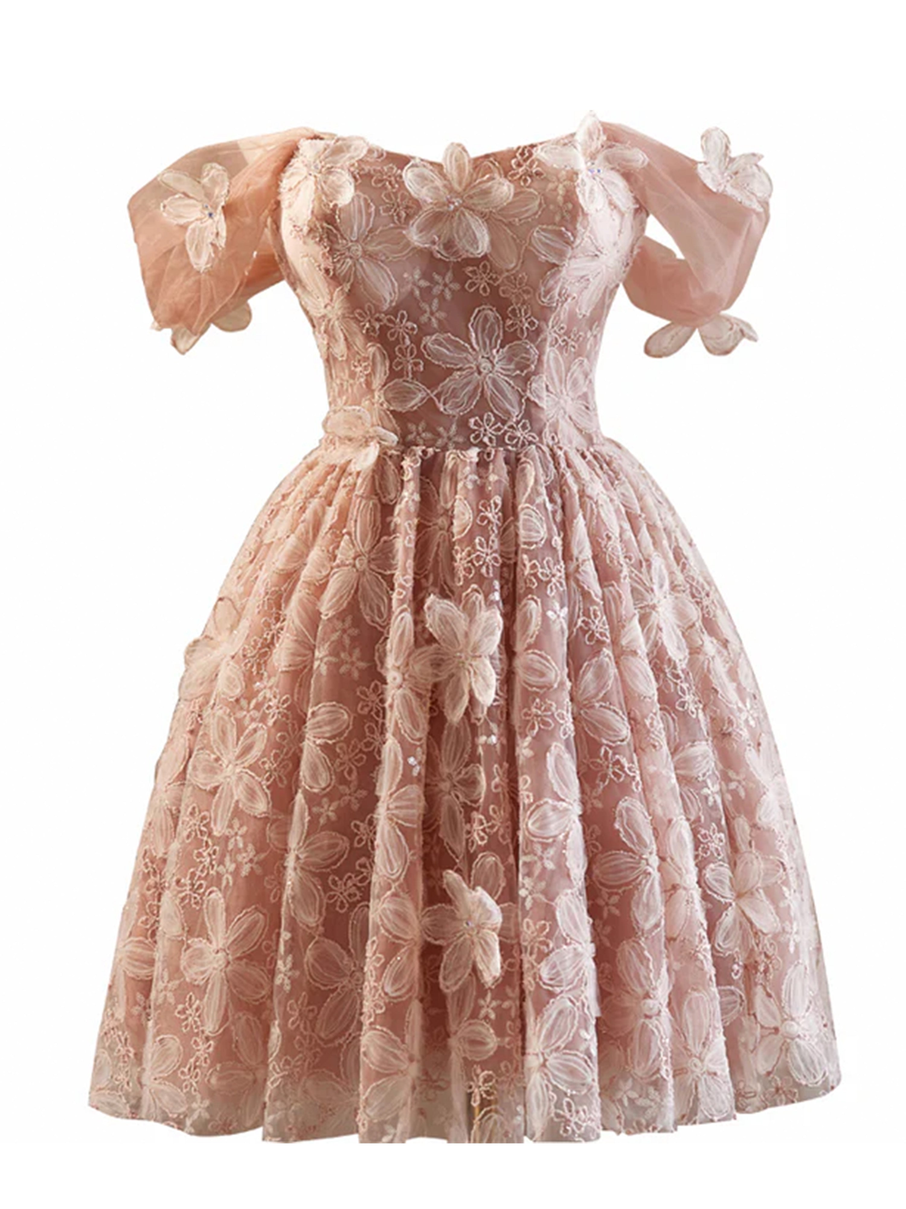 Robe de bal Rose en Tulle et Dentelle à Épaules Dénudées avec Appliques de Fleurs