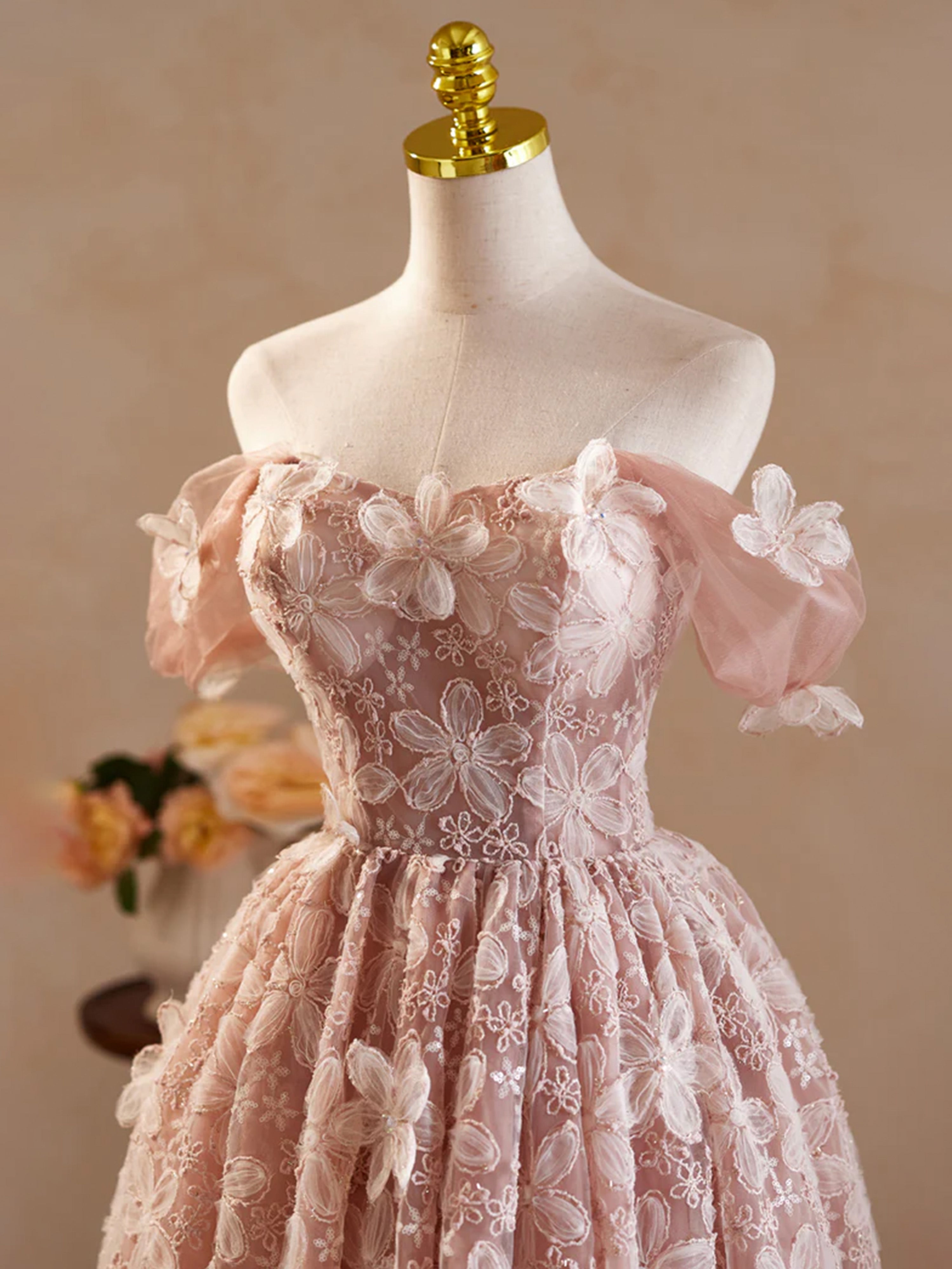 Robe de bal Rose en Tulle et Dentelle à Épaules Dénudées avec Appliques de Fleurs