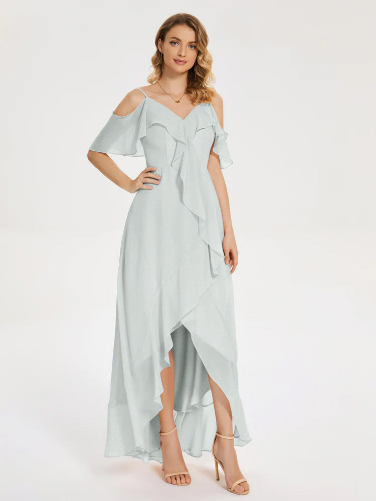 Robe Demoiselle D Honneur Vert Celadon Asymétrique Mousseline Robes Demoiselle D'Honneur À Lacet